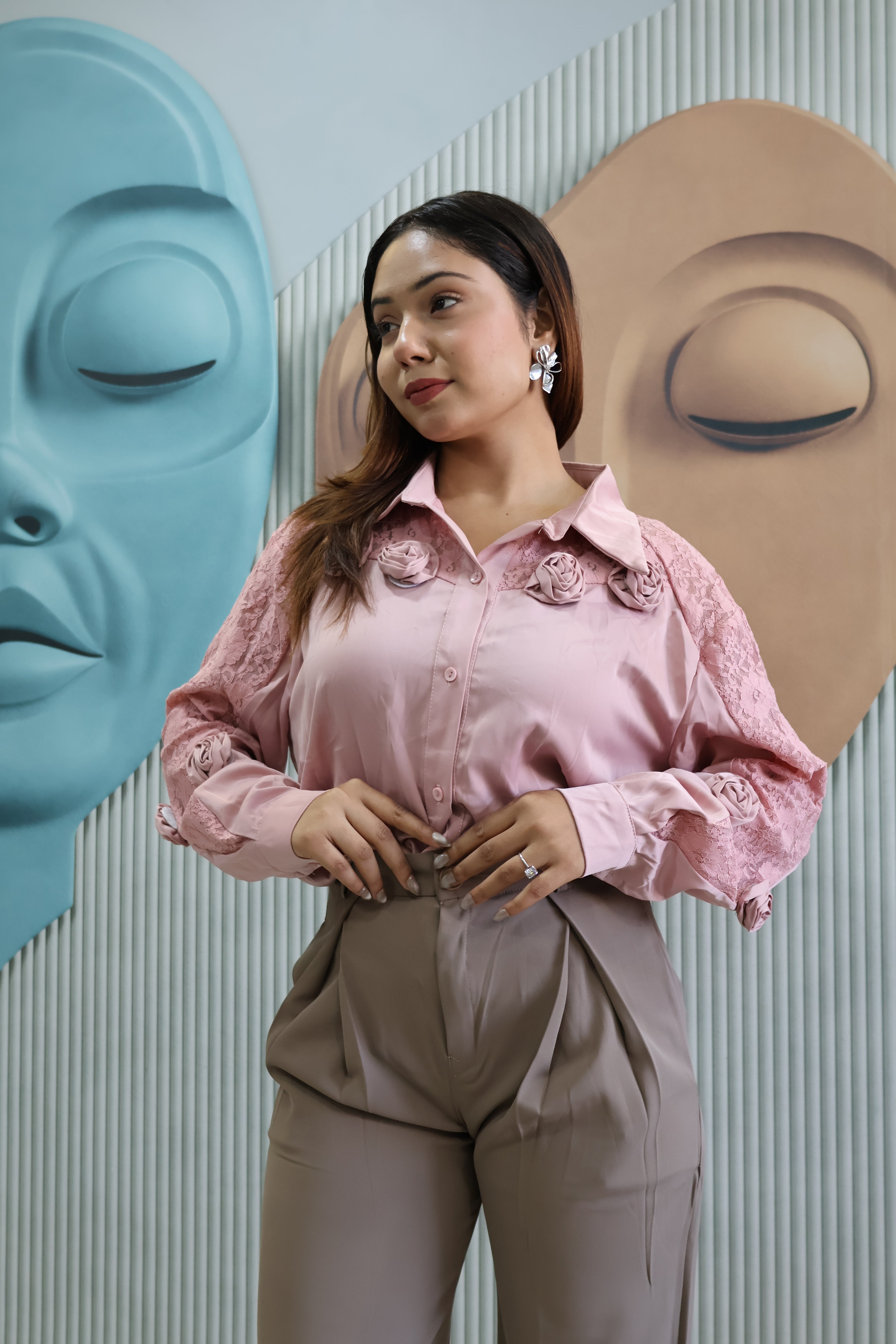 Designer Lace Sleeve Shirt with Floral Appliqué Work