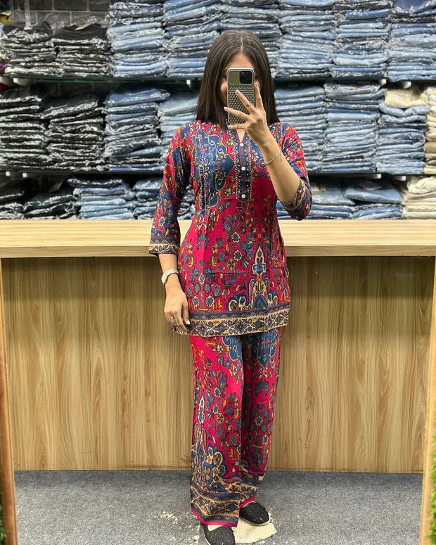 Printed Asymmetric Red  Rayon Co-Ord Set