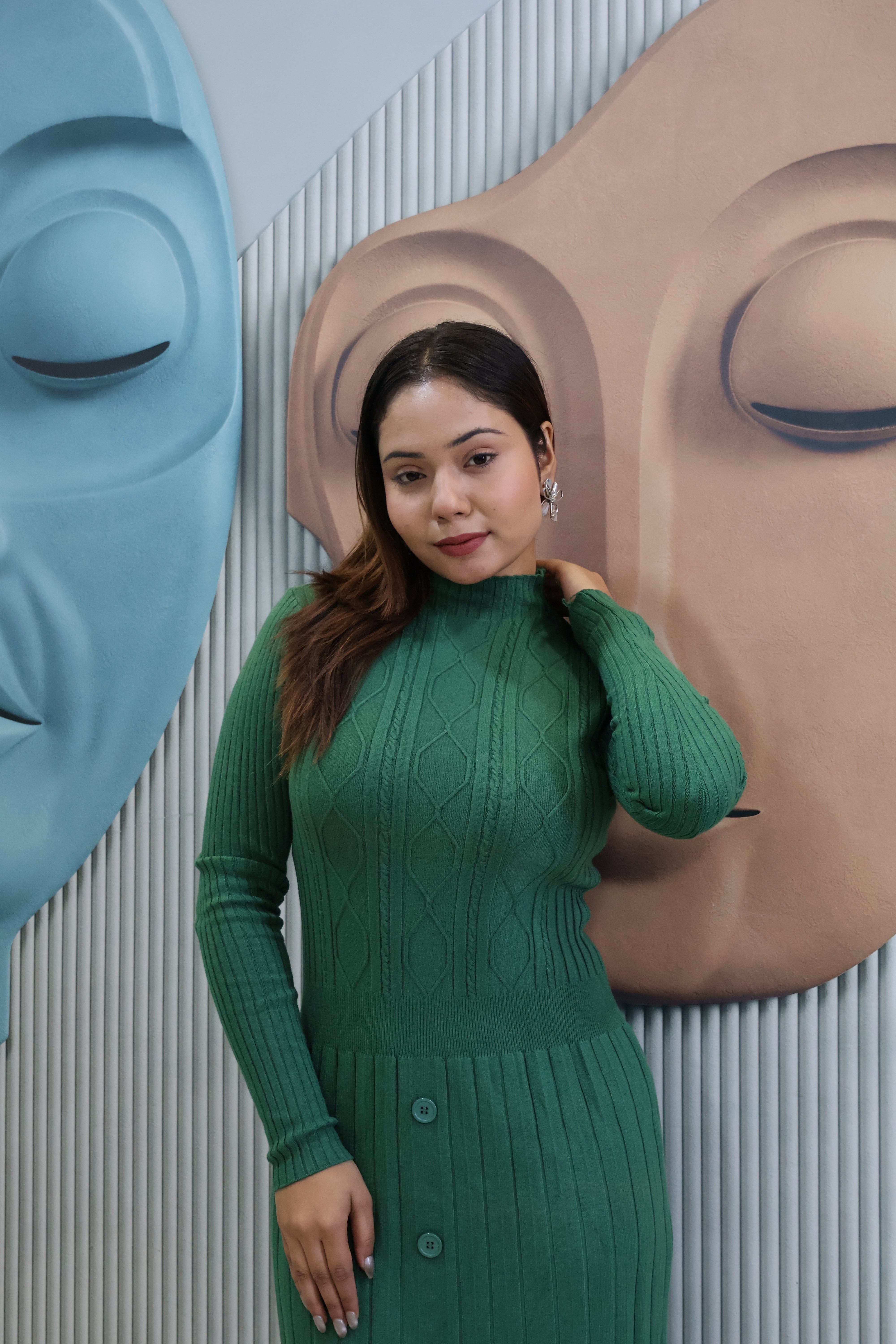 Green Ribbed Knit Midi Dress with Button Detail