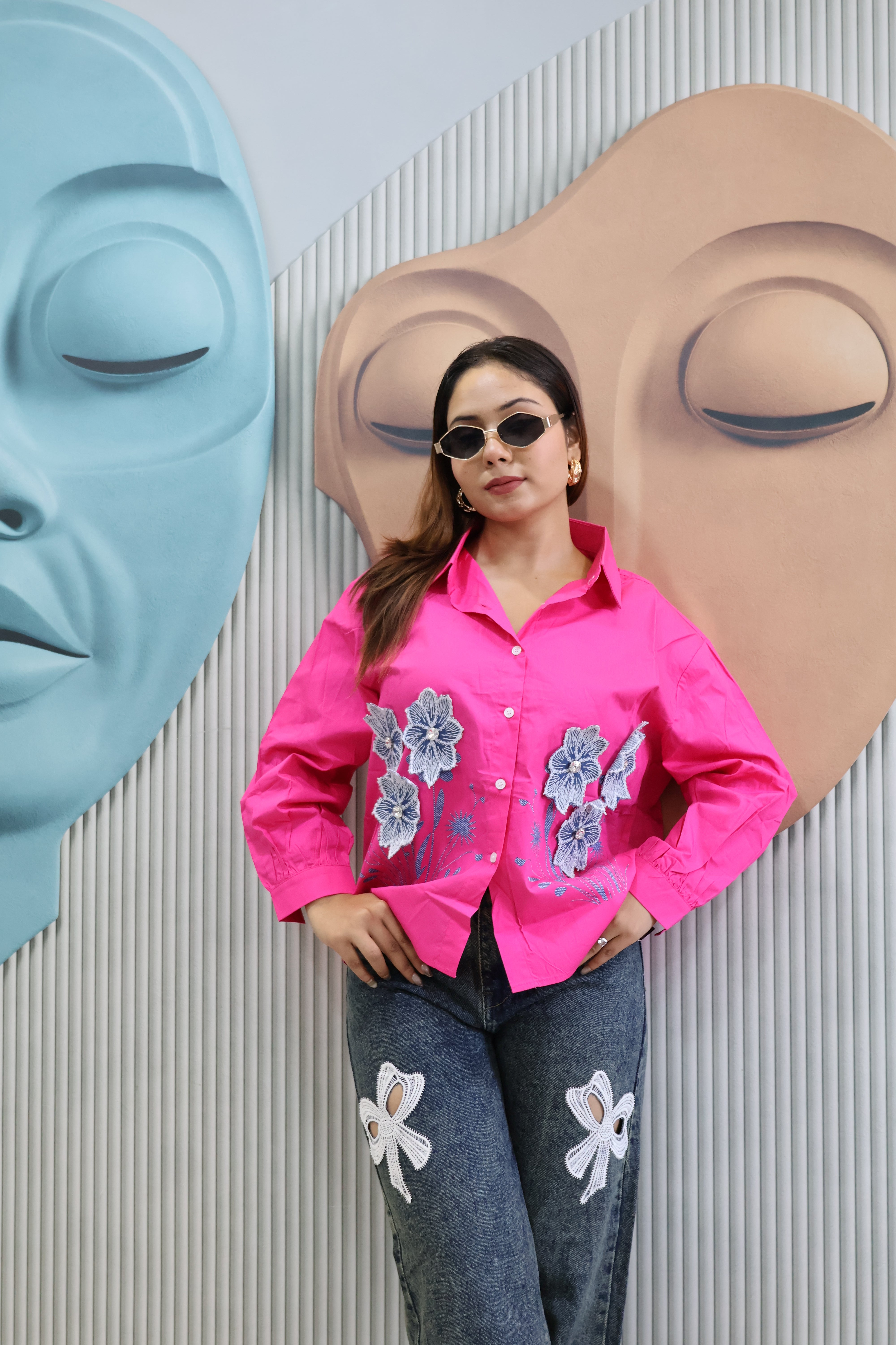 Patch Work Designer Shirt with Stone Detailing