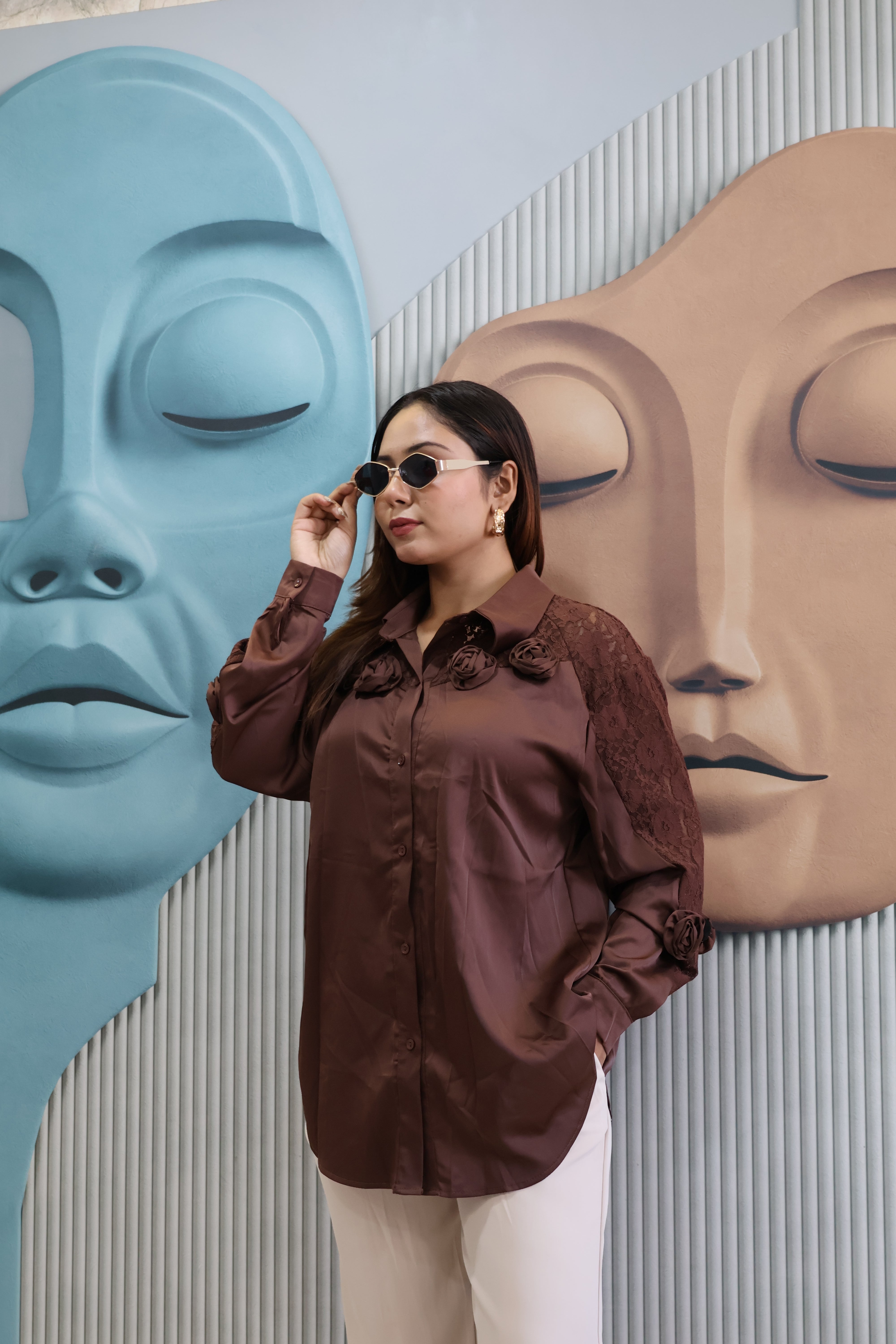 Designer Lace Sleeve Shirt with Floral Appliqué Work