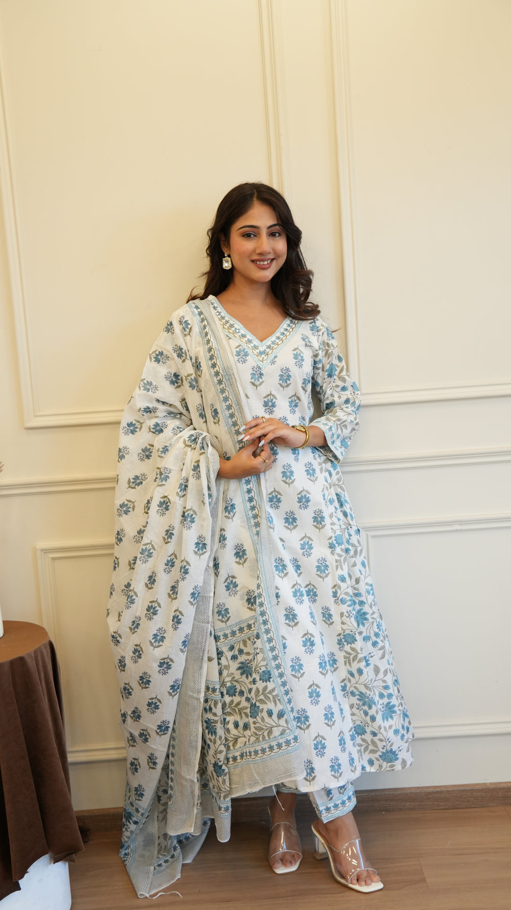 Grey White Cotton Afghani Kurti With Pant & Dupatta Set