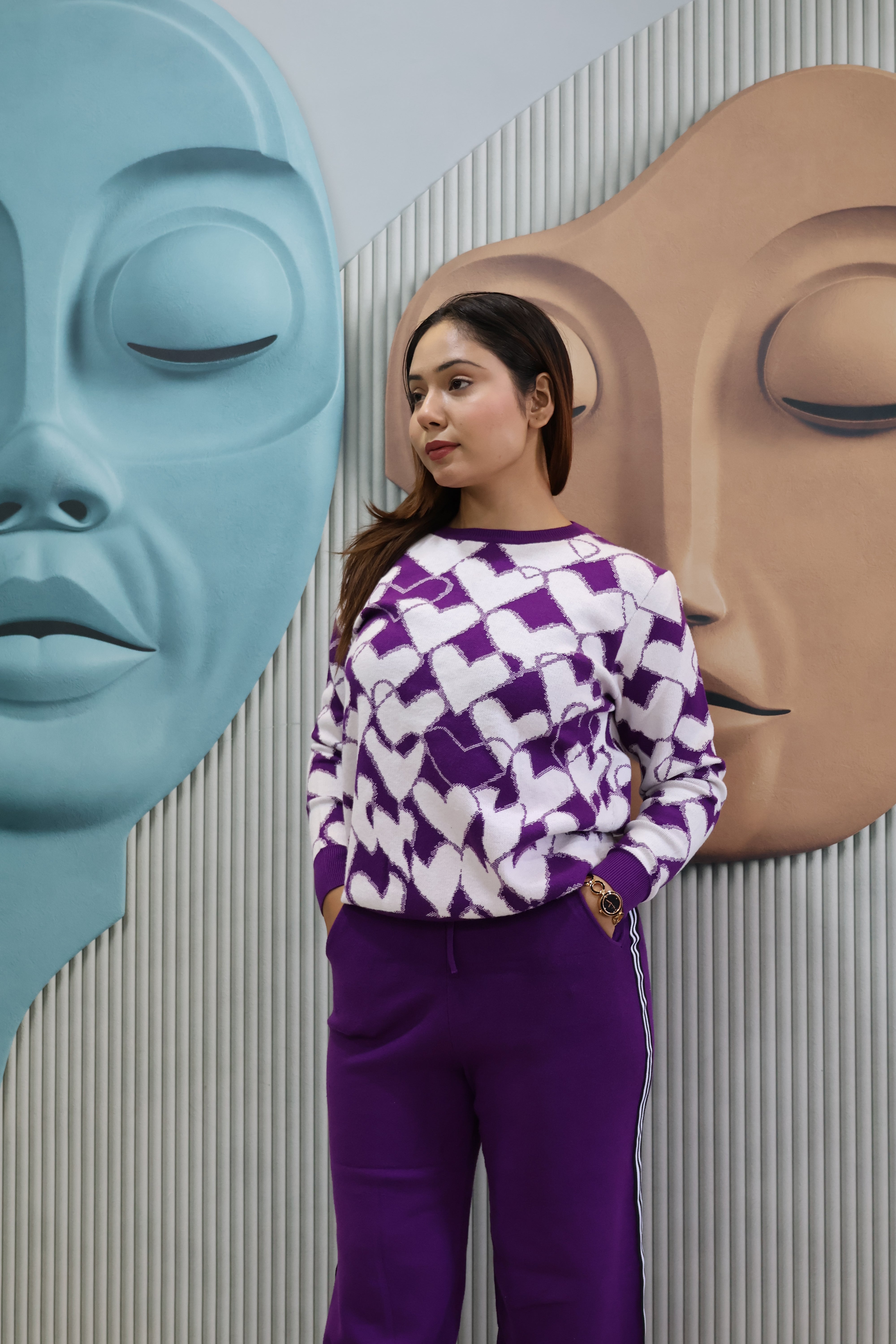 Purple Heart Pattern Knit Co-Ord Set