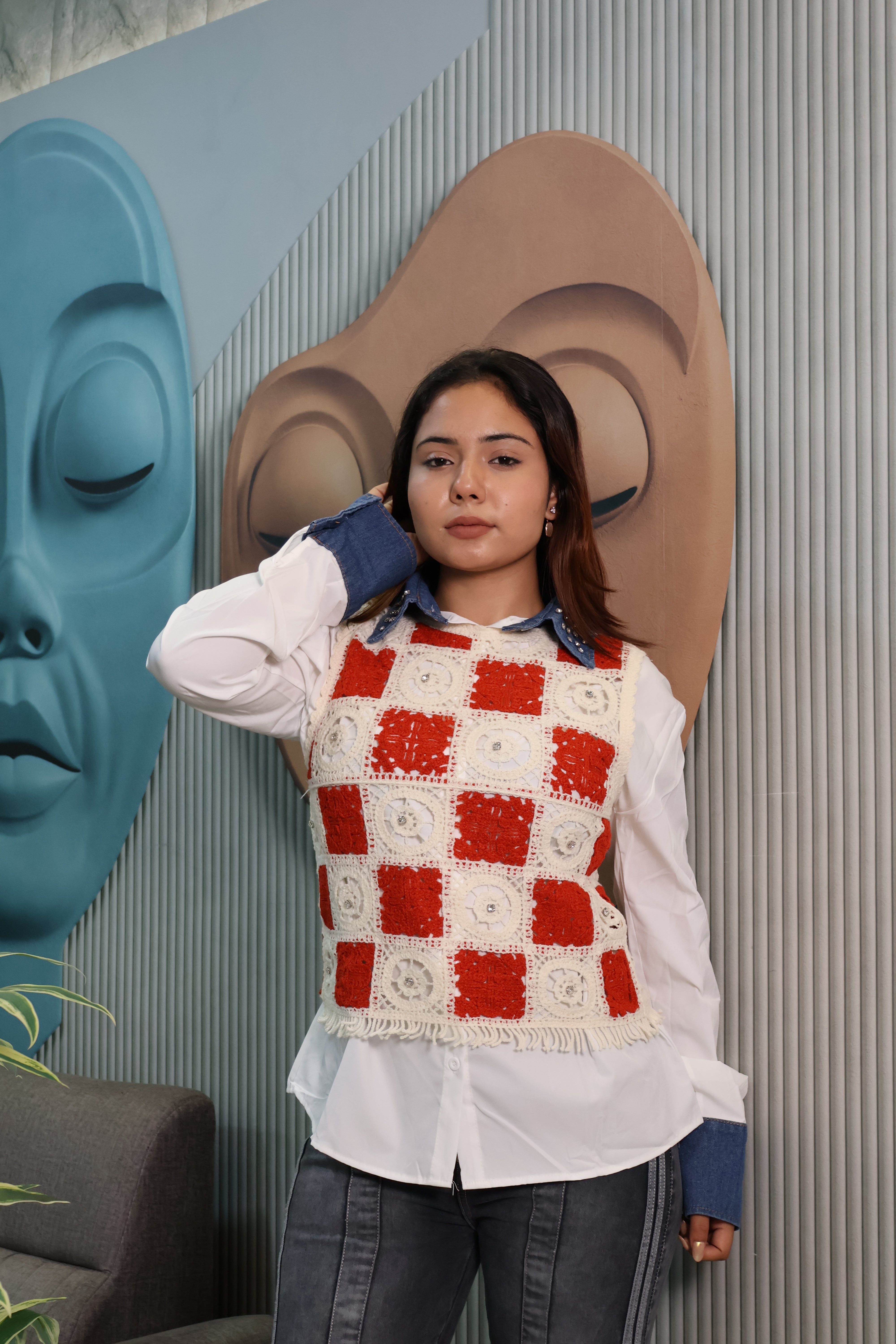 Crochet Patchwork Layered Shirt Top with Denim Collar