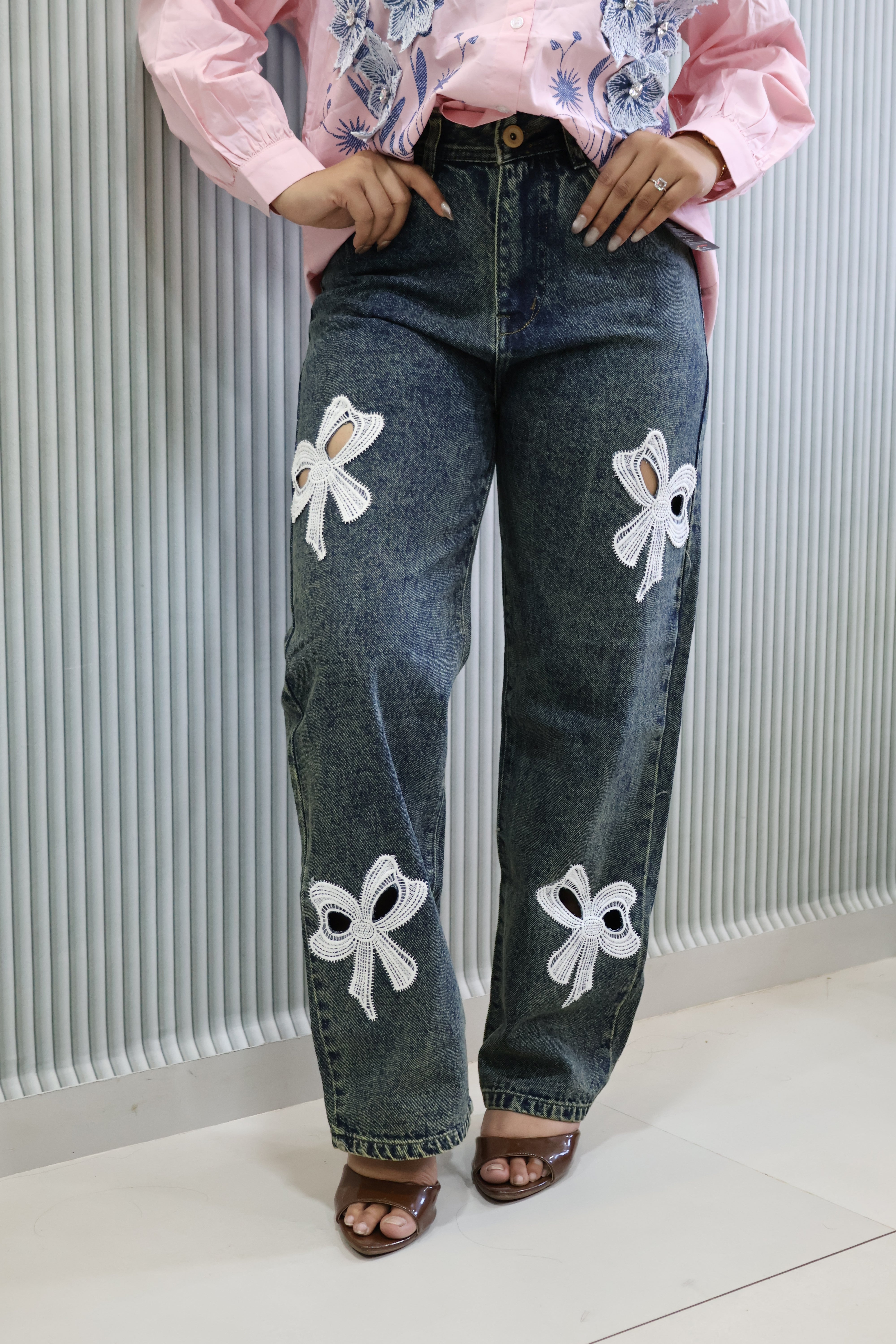 High-Waist Relaxed Straight Fit Embroidered Denim – Dark Blue (Non-Stretch)