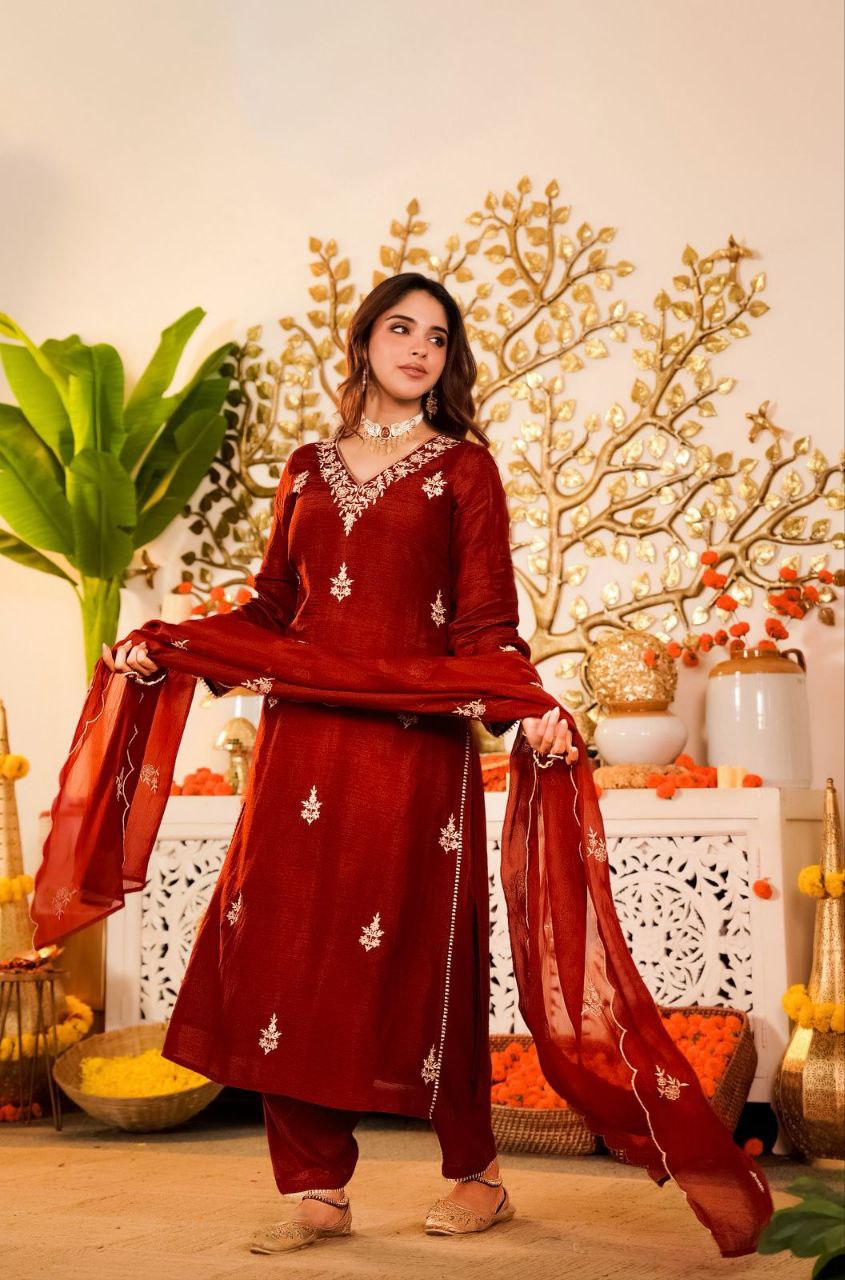 Crimson Red Noor Handwork Chanderi Silk Festive Suit