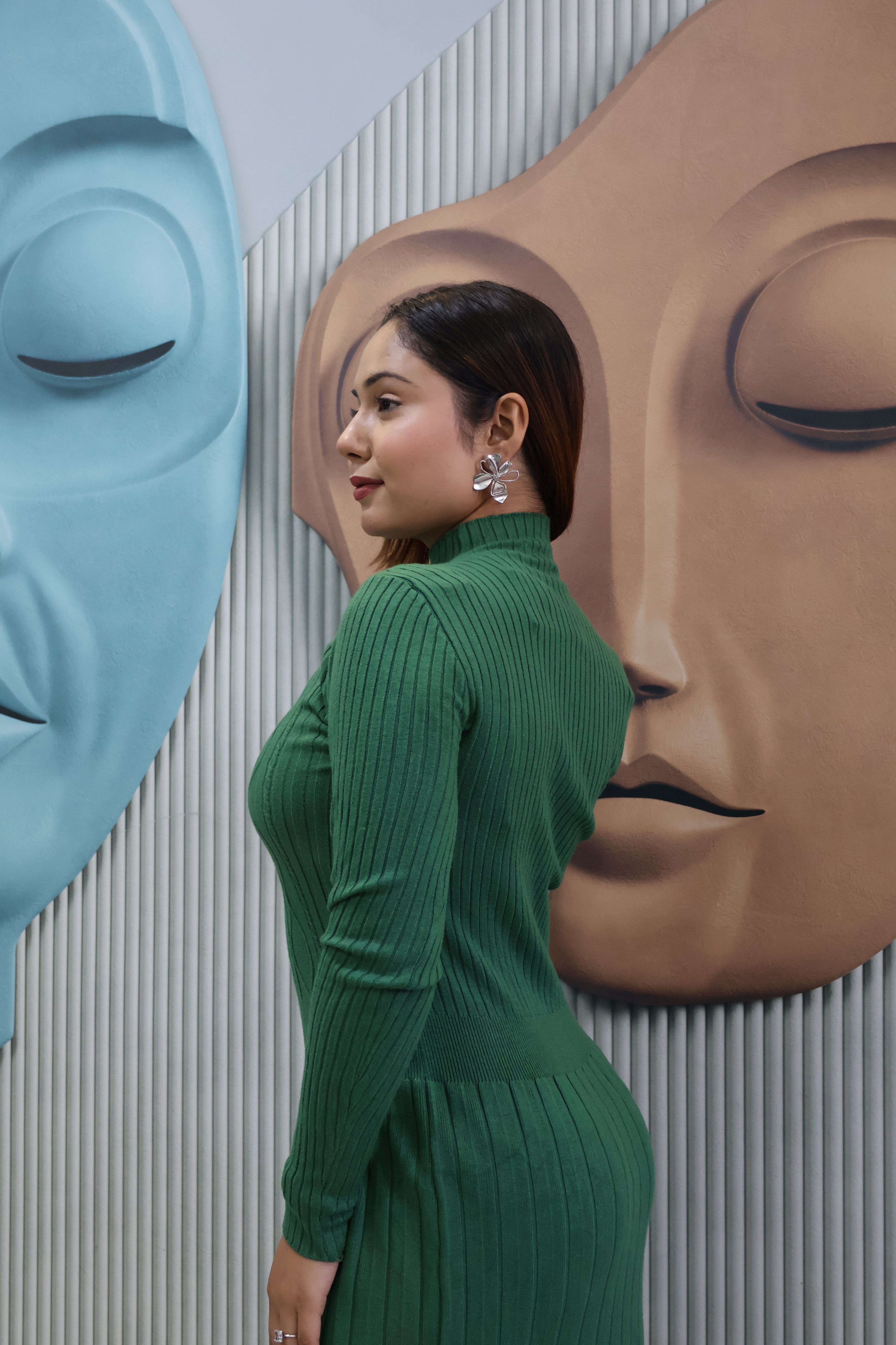 Green Ribbed Knit Midi Dress with Button Detail