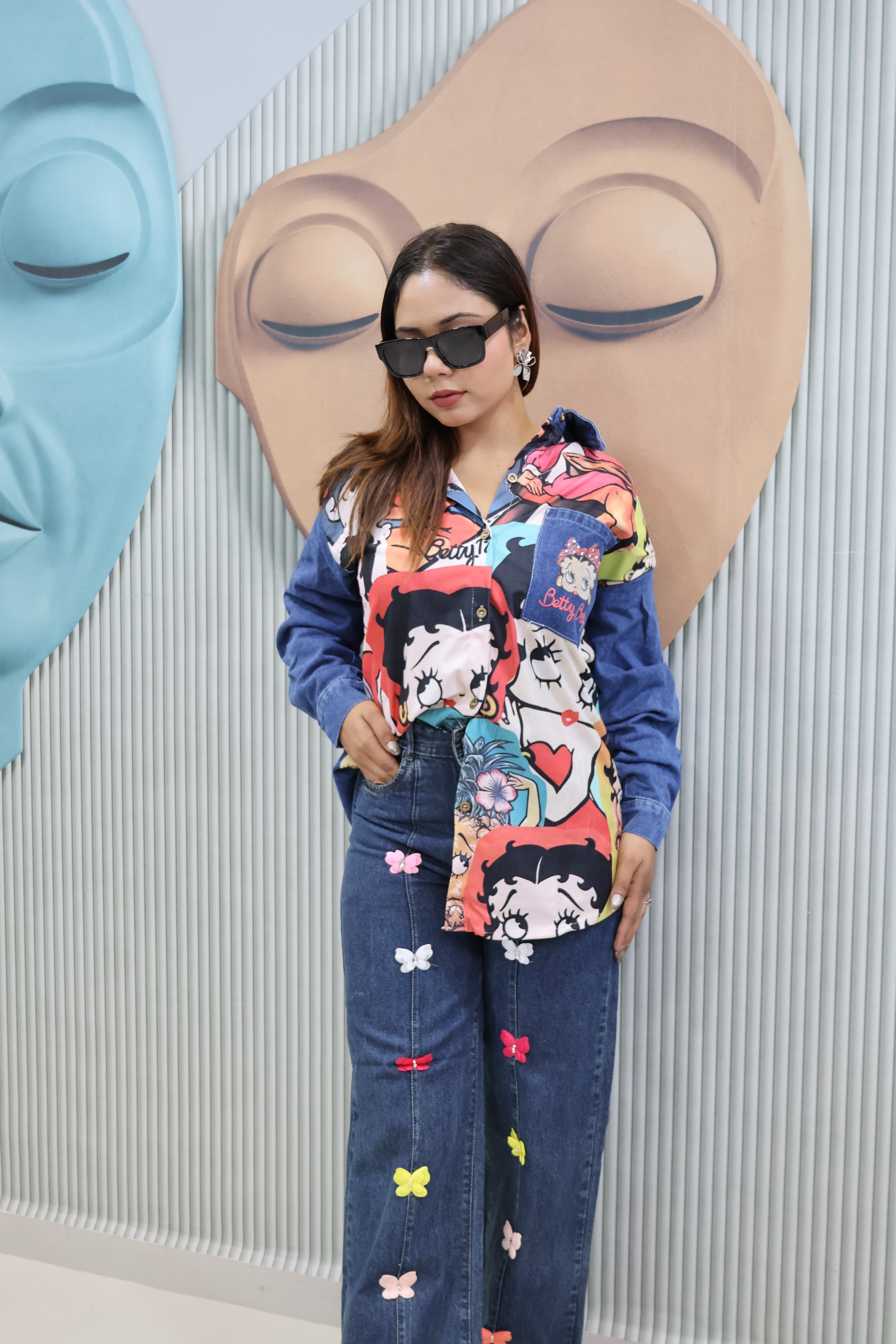 Cartoon rubber Print Denim Patch Shirt | Trendy Casual Wear Top