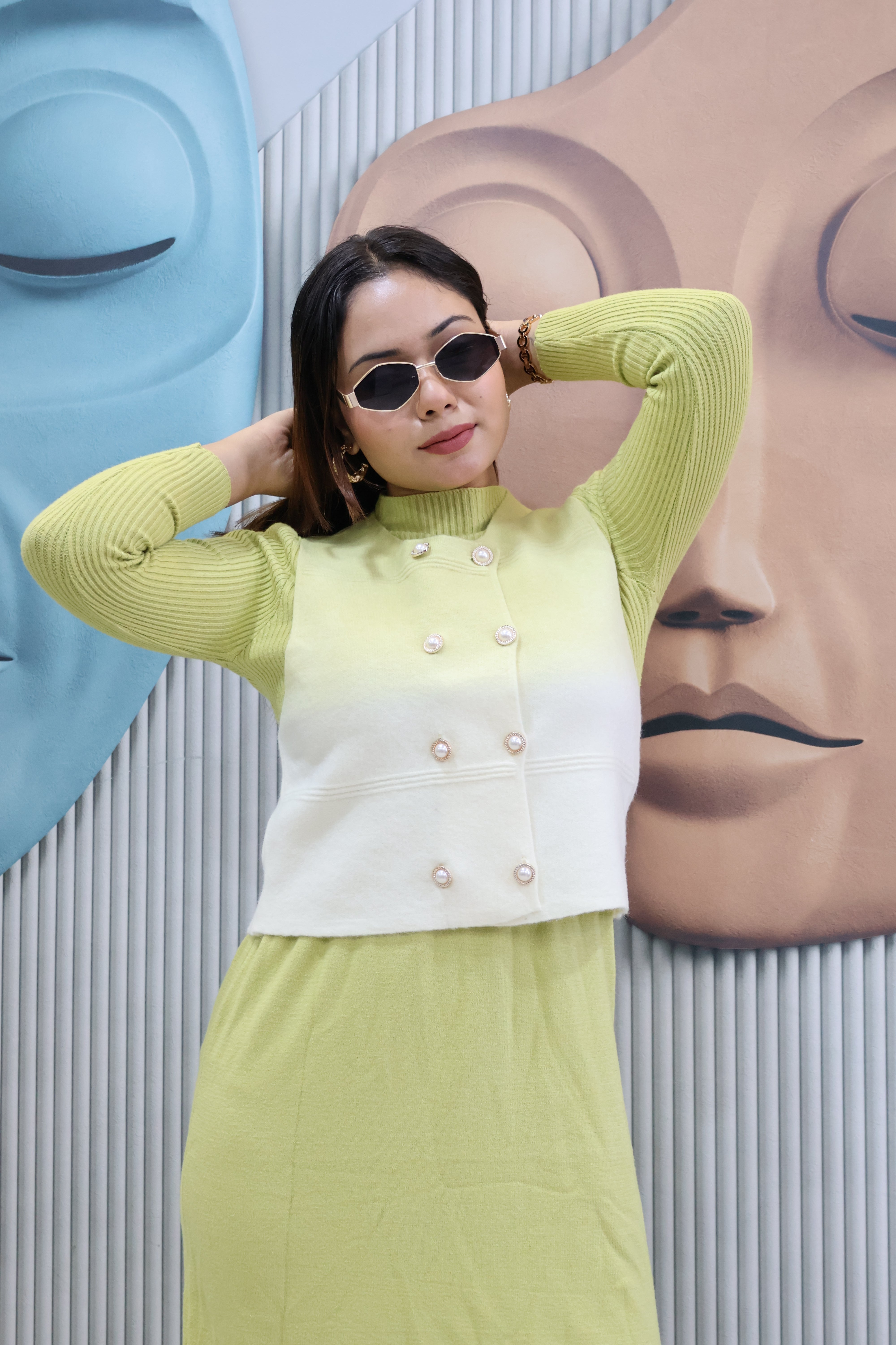 Lime Green Two-Piece Knit Dress with Buttoned Overlay Top | Layered Dress Set