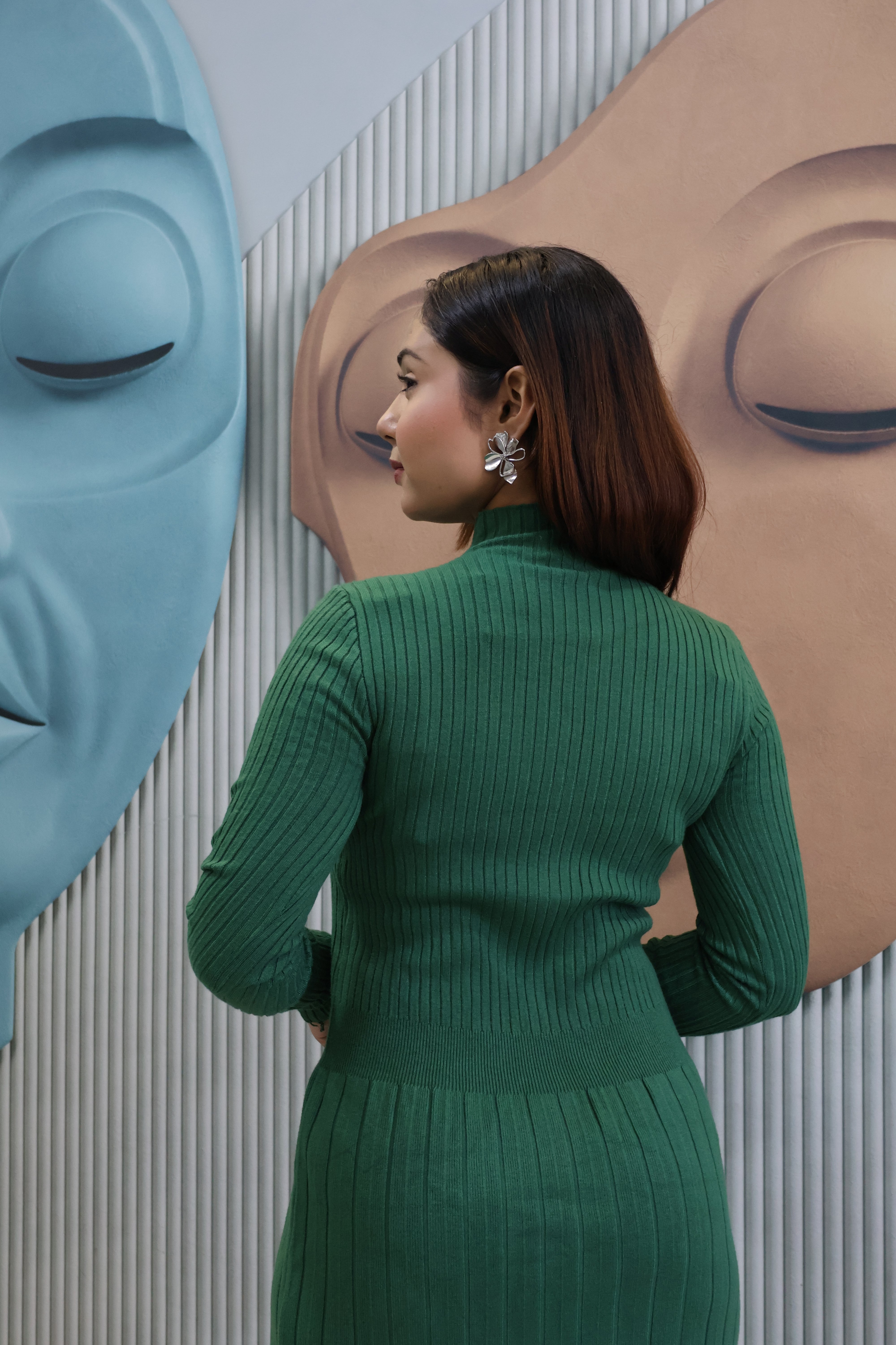 Green Ribbed Knit Midi Dress with Button Detail