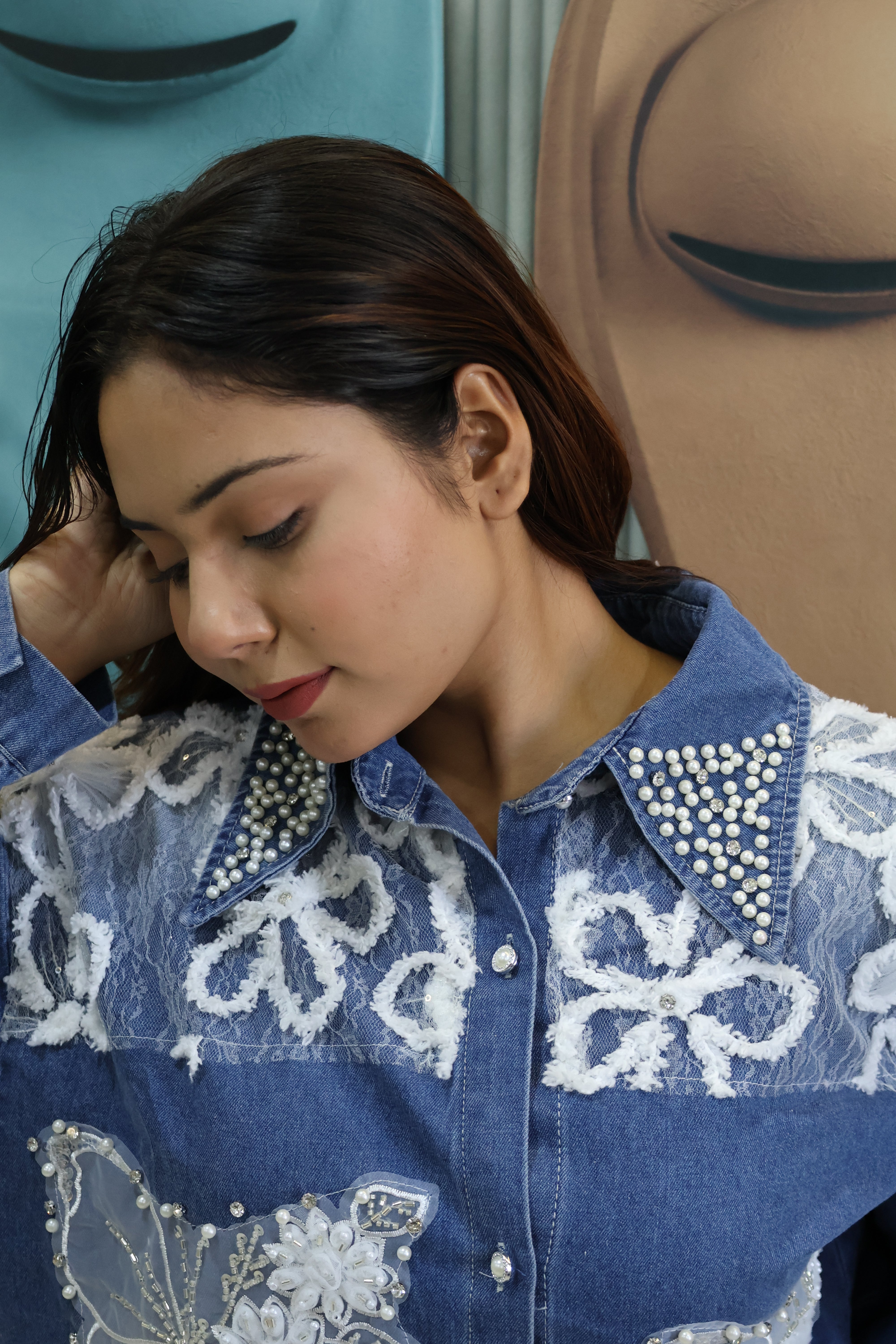 Denim Shacket with Butterfly Applique & Pearl Detailing | Designer Jacket-Style Shirt