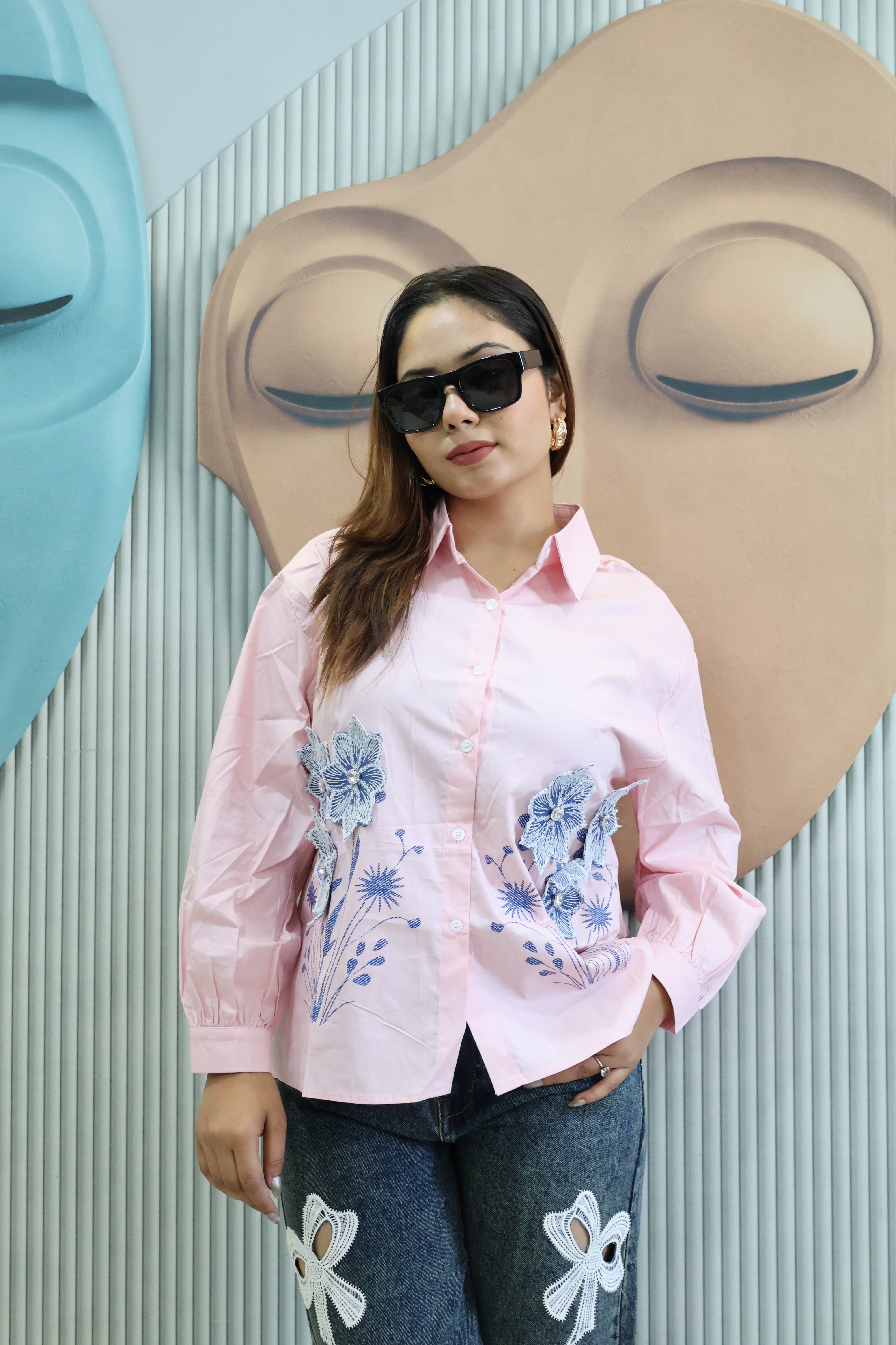 Patch Work Designer Shirt with Stone Detailing