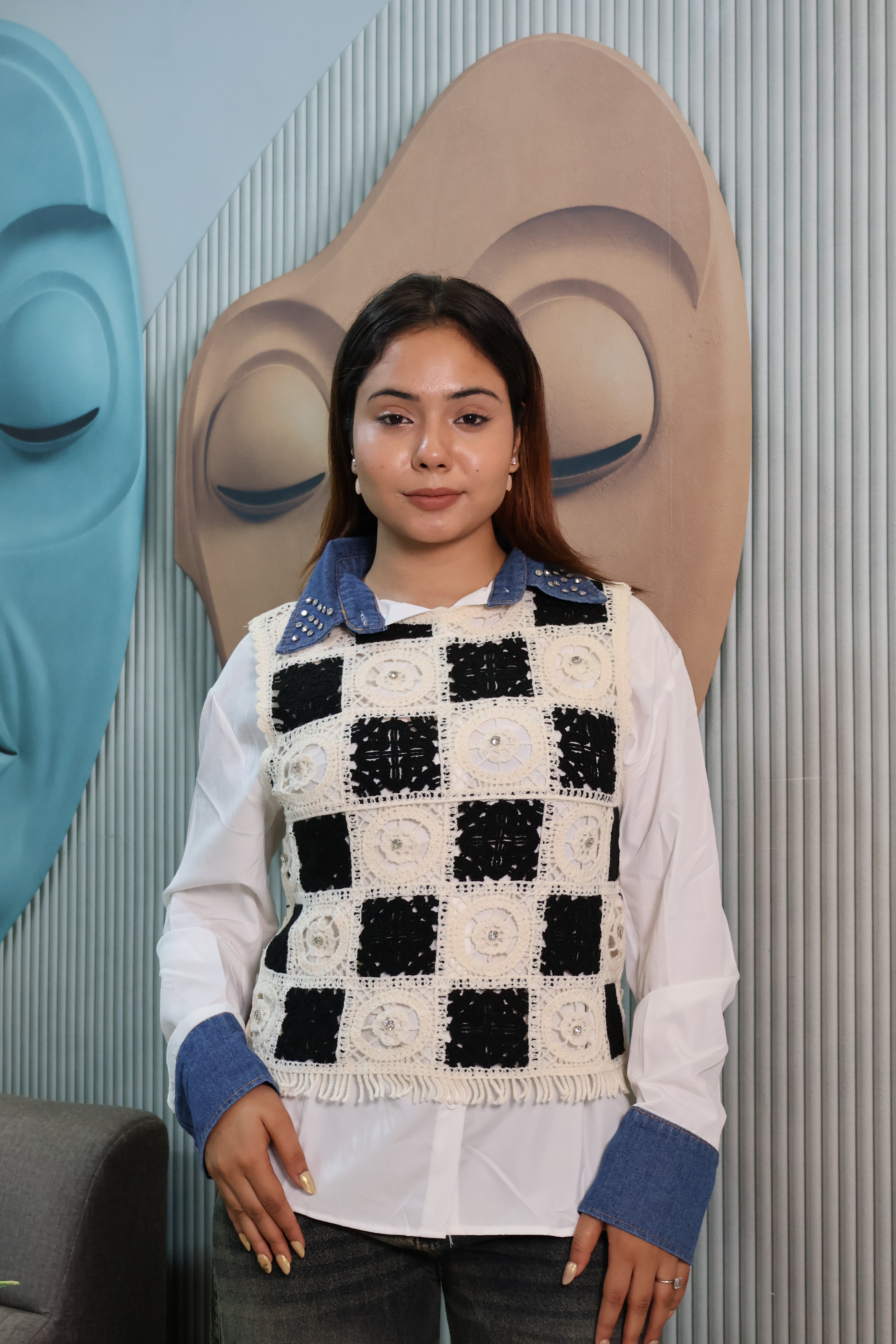 Crochet Patchwork Layered Shirt Top with Denim Collar