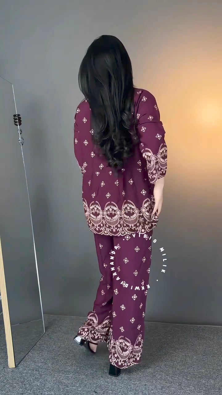Women's Maroon Ethnic Printed Co-Ord Set | Peplum Tunic with Wide-Leg Pants