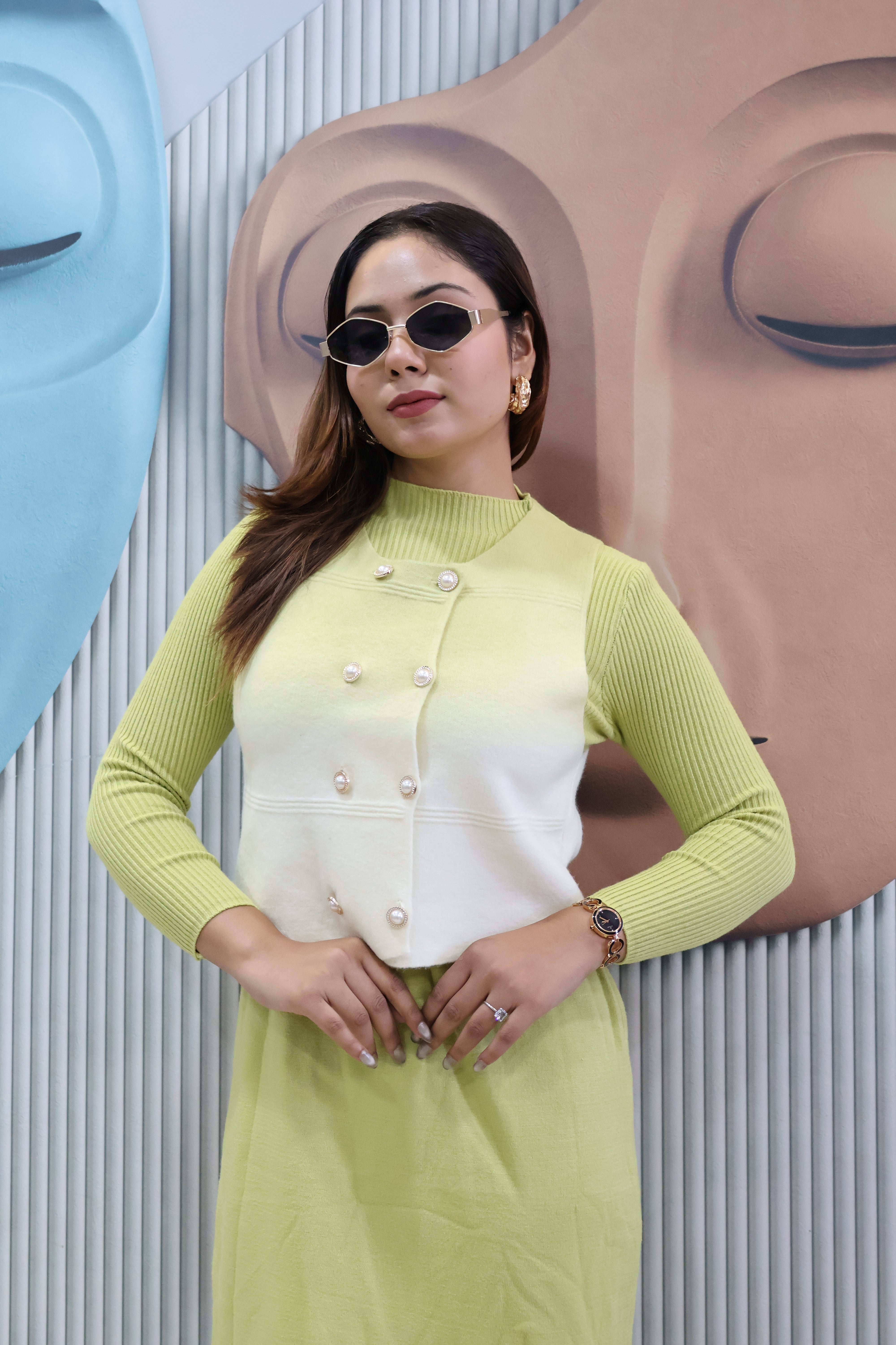 Lime Green Two-Piece Knit Dress with Buttoned Overlay Top | Layered Dress Set