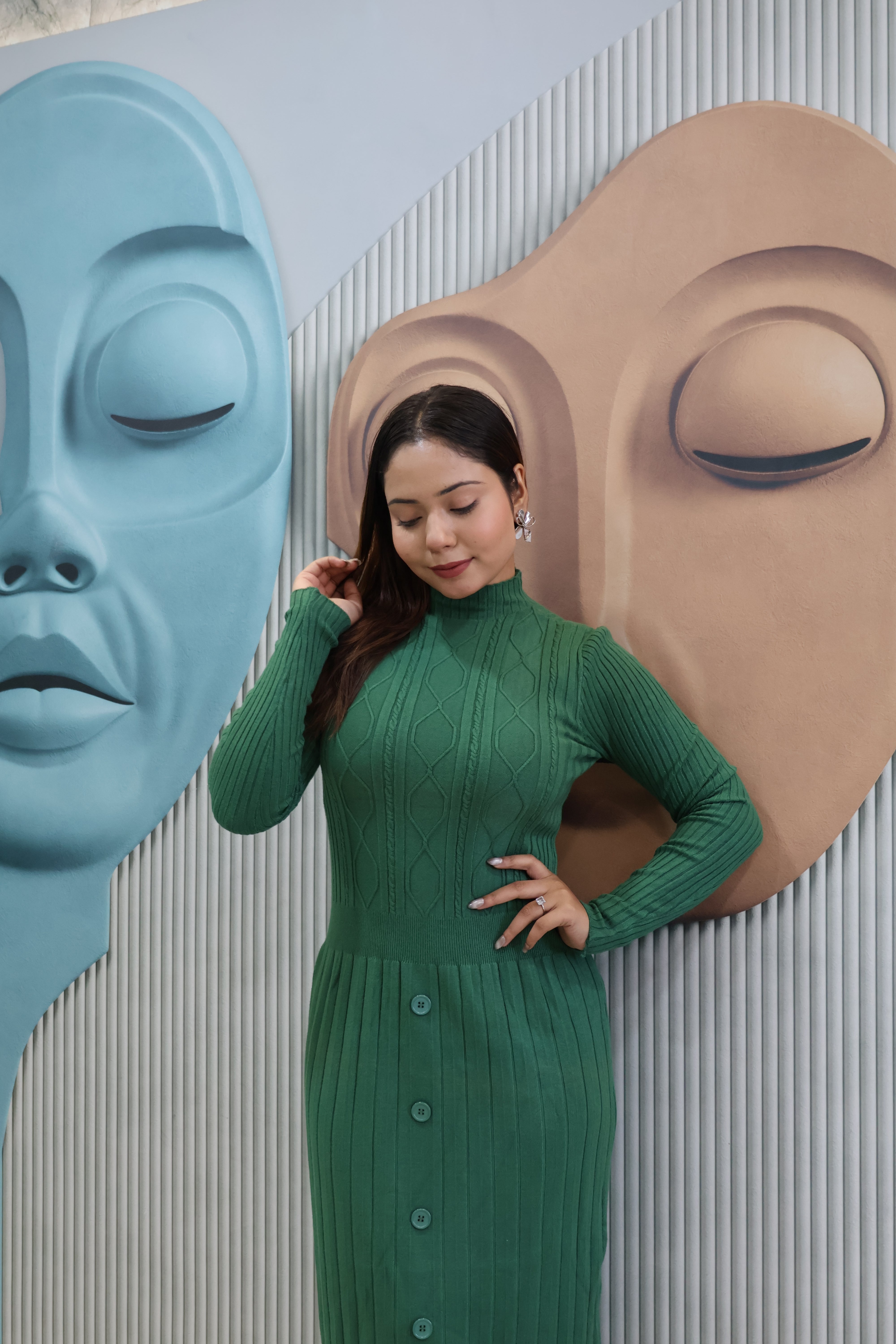 Green Ribbed Knit Midi Dress with Button Detail