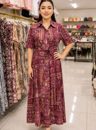 Women Printed Button-Front Maxi Dress with Matching Belt