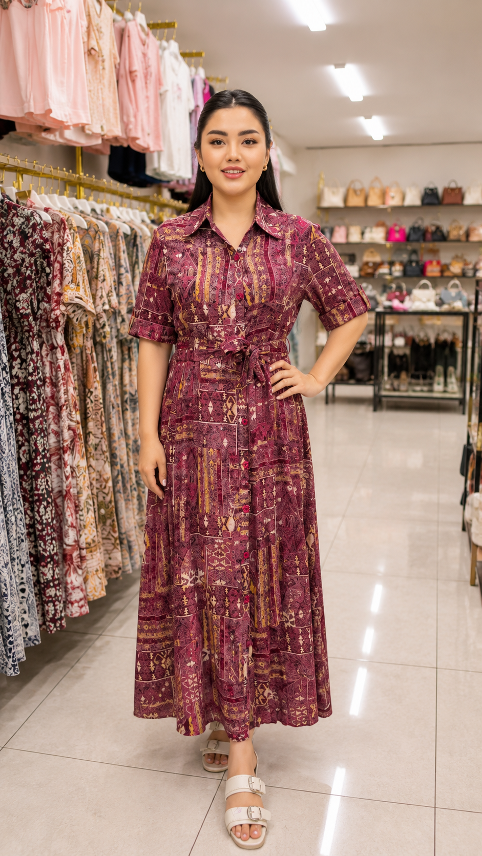 Women Printed Button-Front Maxi Dress with Matching Belt