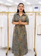 Women Printed Button-Front Maxi Dress with Matching Belt