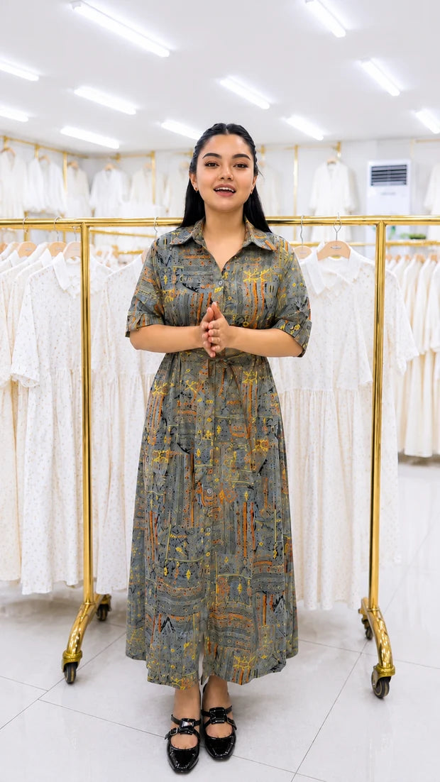 Women Printed Button-Front Maxi Dress with Matching Belt
