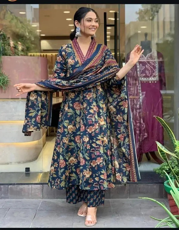 Women's Printed Cotton Anarkali Kurta & Pant With Dupatta Set