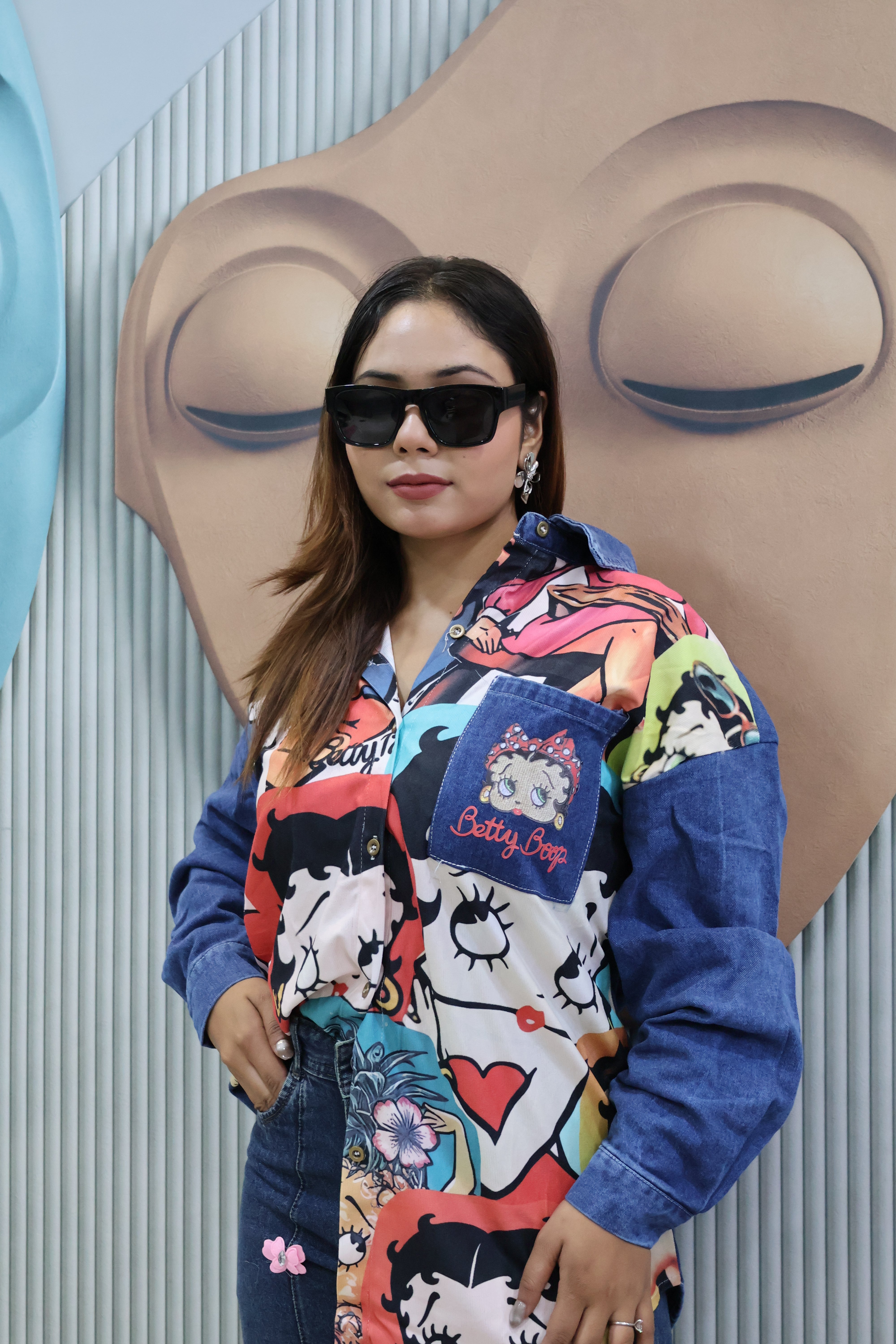 Cartoon rubber Print Denim Patch Shirt | Trendy Casual Wear Top