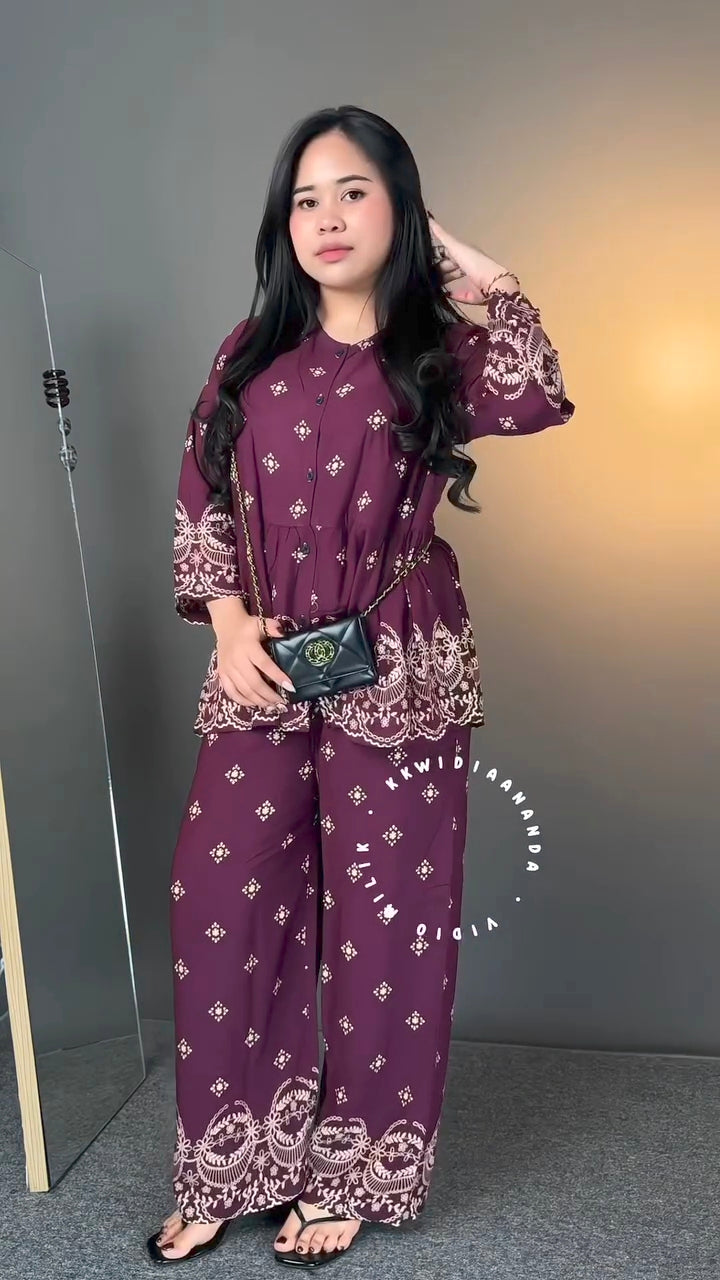 Women's Maroon Ethnic Printed Co-Ord Set | Peplum Tunic with Wide-Leg Pants