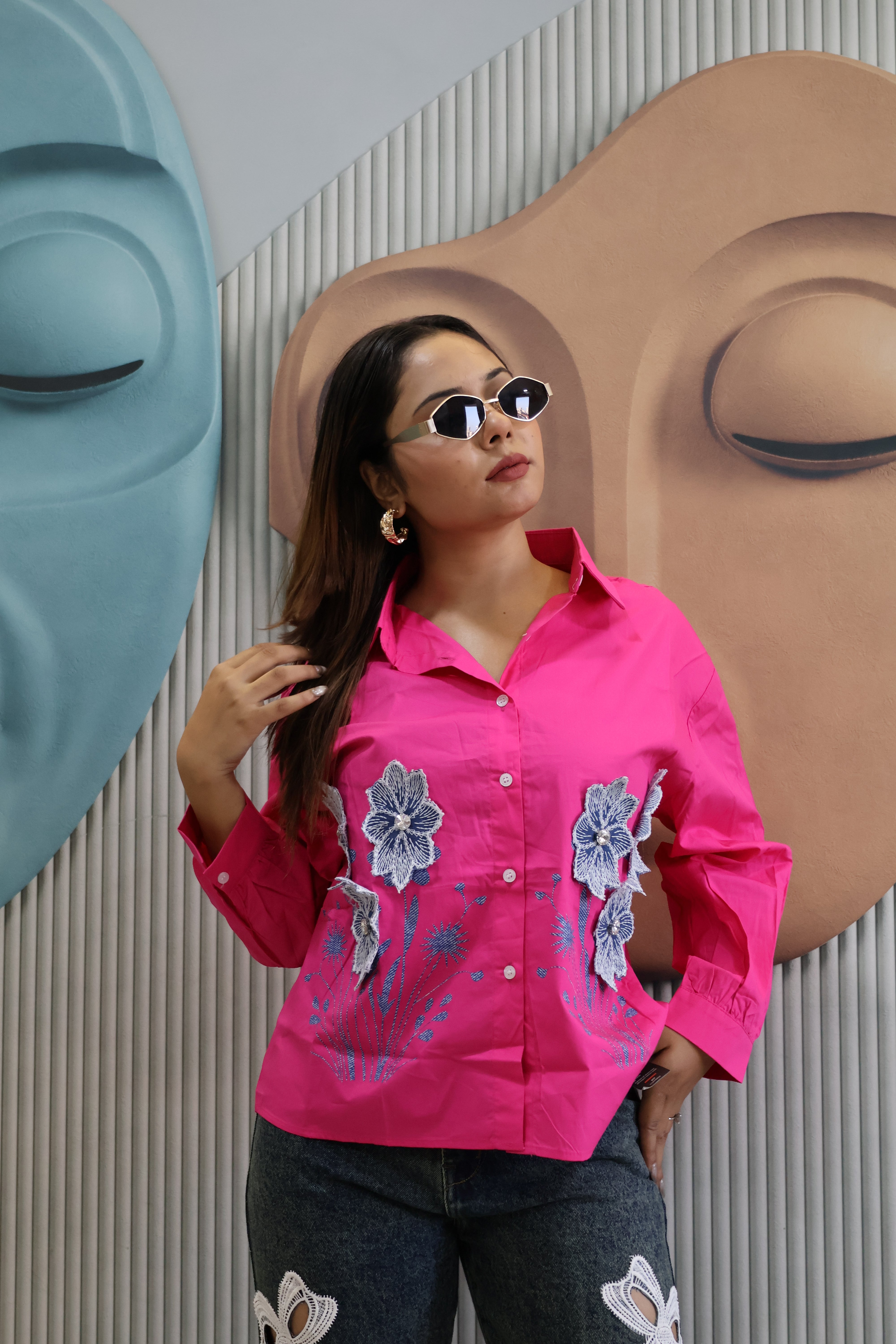 Patch Work Designer Shirt with Stone Detailing