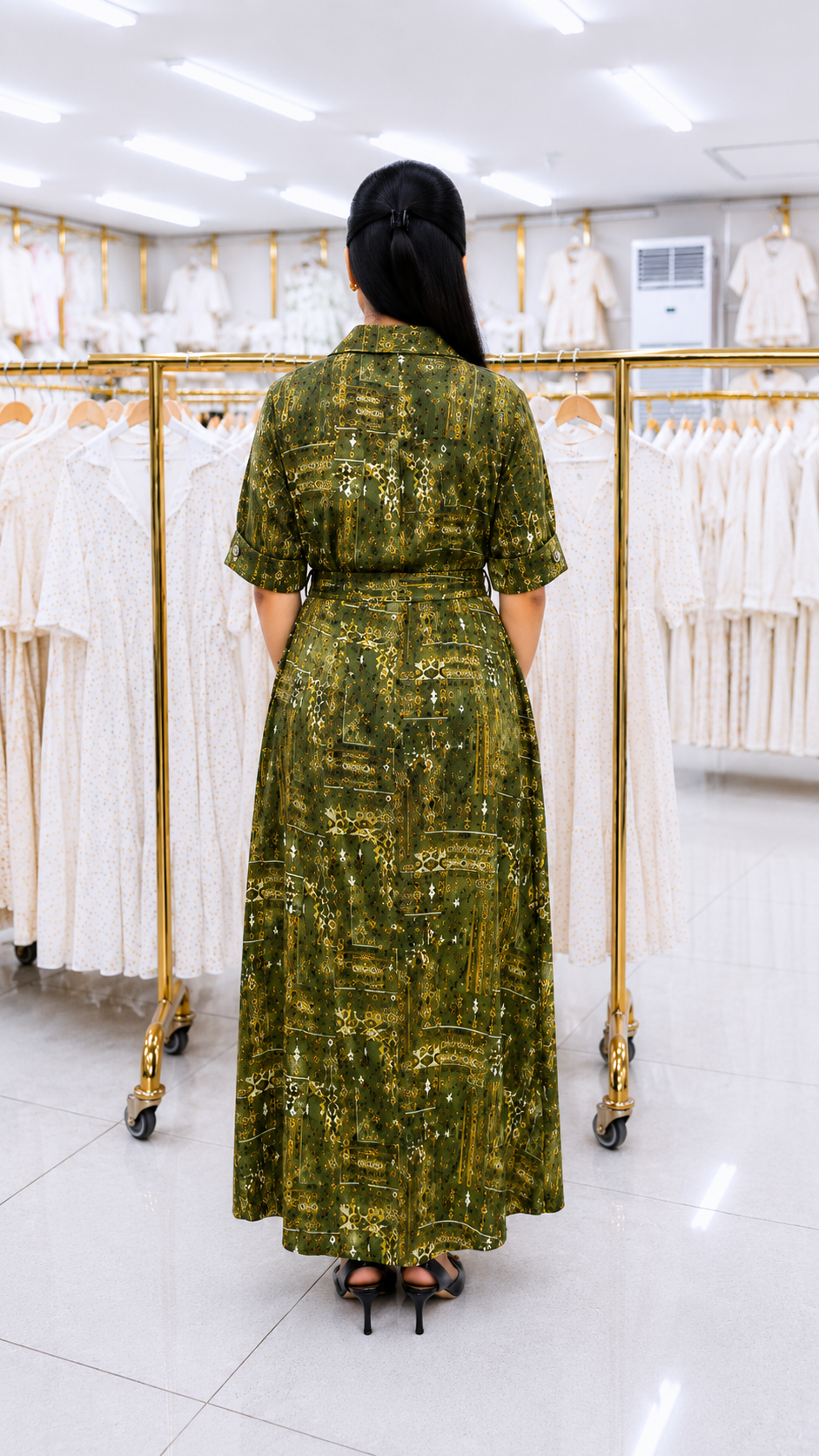 Women Printed Button-Front Maxi Dress with Matching Belt