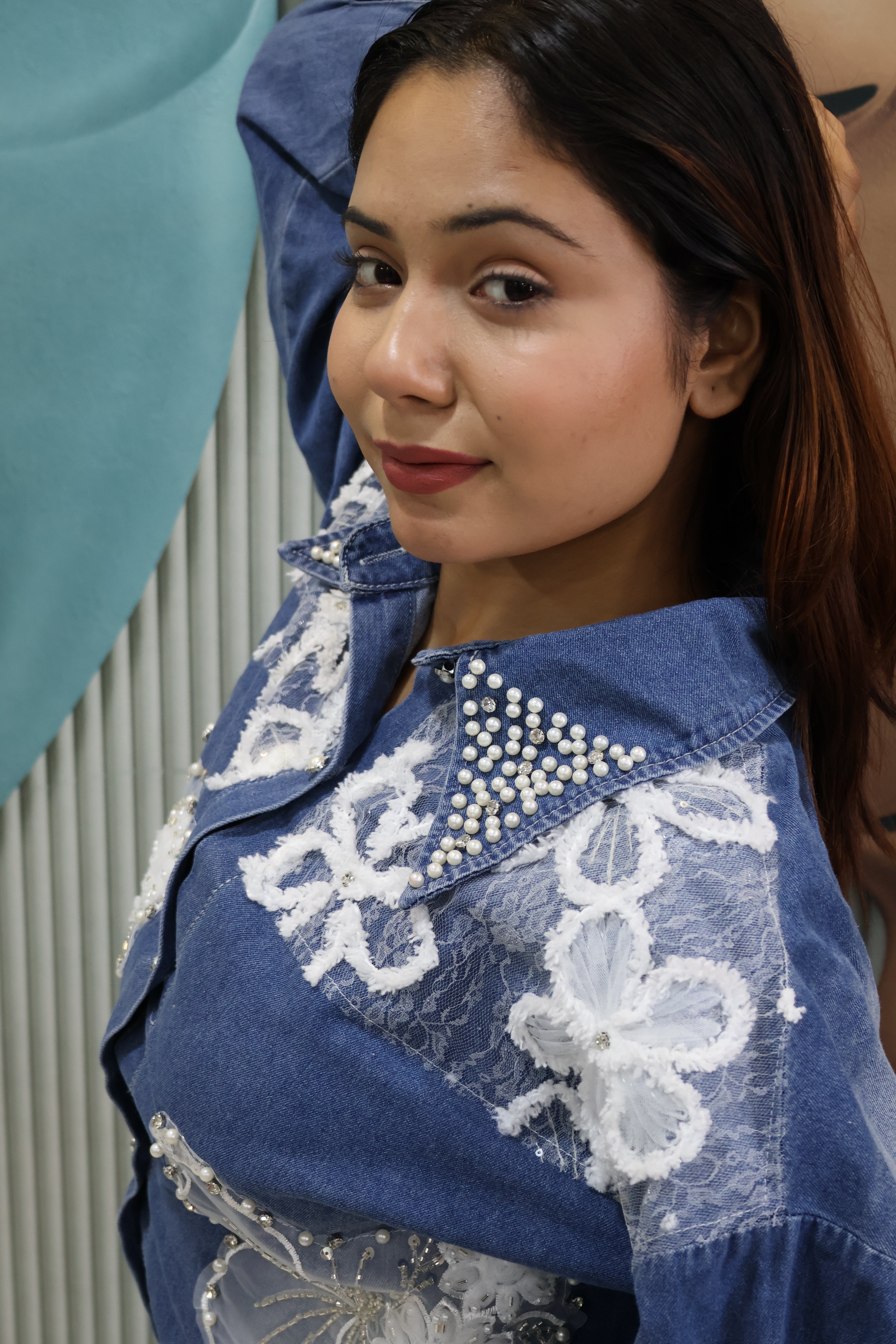 Denim Shacket with Butterfly Applique & Pearl Detailing | Designer Jacket-Style Shirt