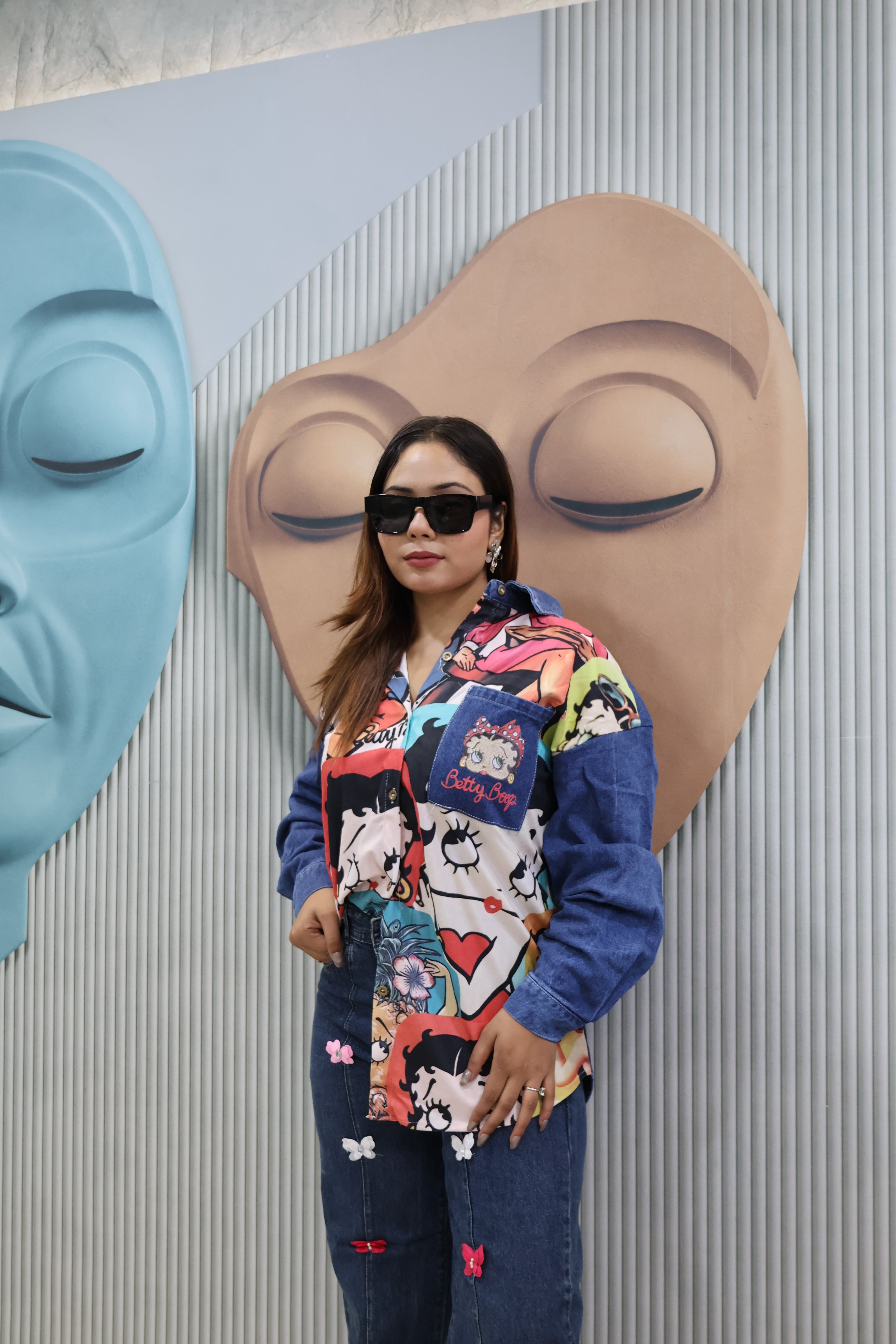 Cartoon rubber Print Denim Patch Shirt | Trendy Casual Wear Top