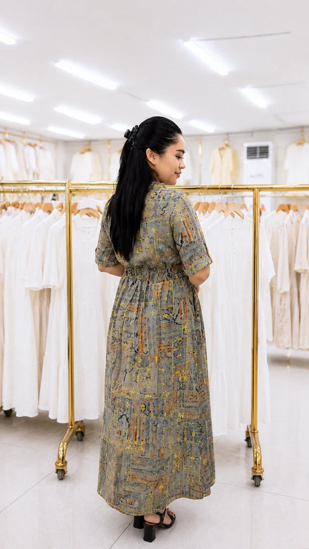 Women Printed Button-Front Maxi Dress with Matching Belt