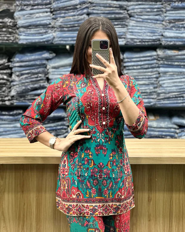 Printed Asymmetric Red And Blue Rayon Co-Ord Set