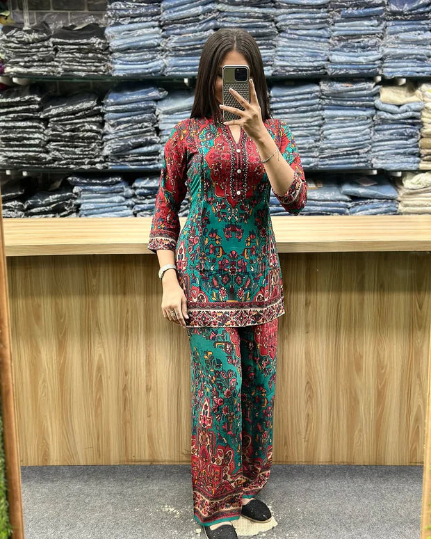 Printed Asymmetric Red And Blue Rayon Co-Ord Set