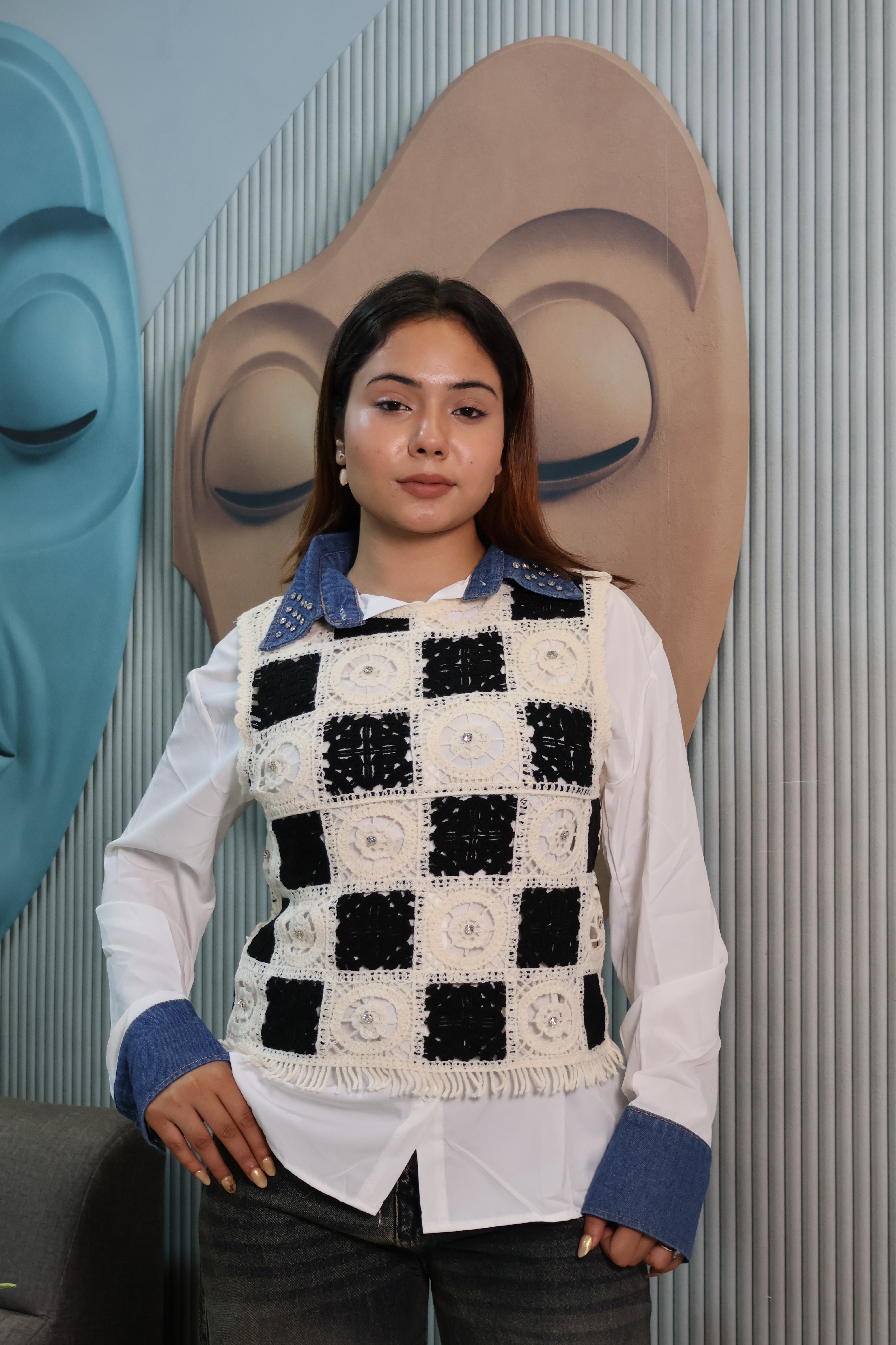 Crochet Patchwork Layered Shirt Top with Denim Collar