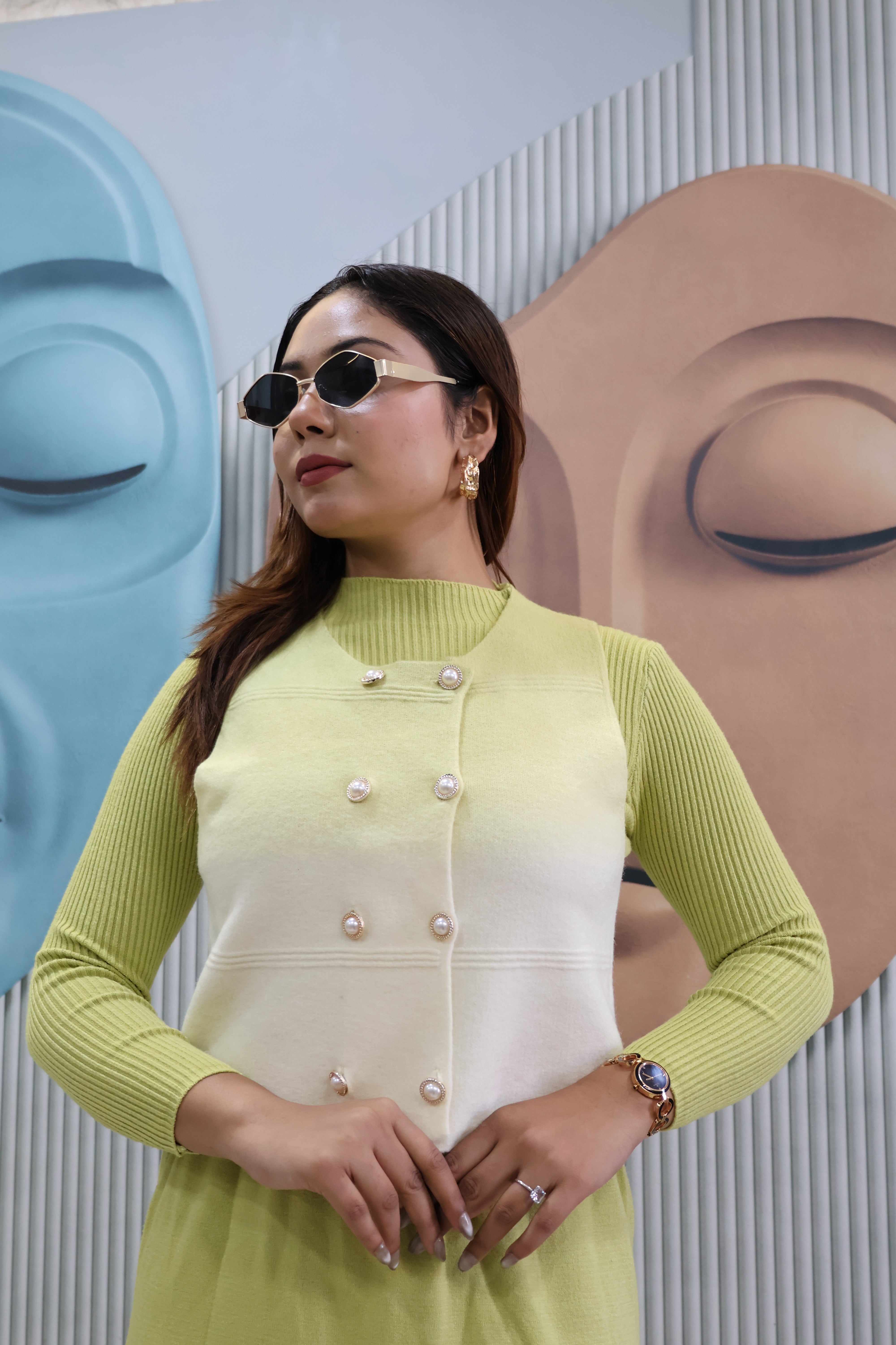 Lime Green Two-Piece Knit Dress with Buttoned Overlay Top | Layered Dress Set