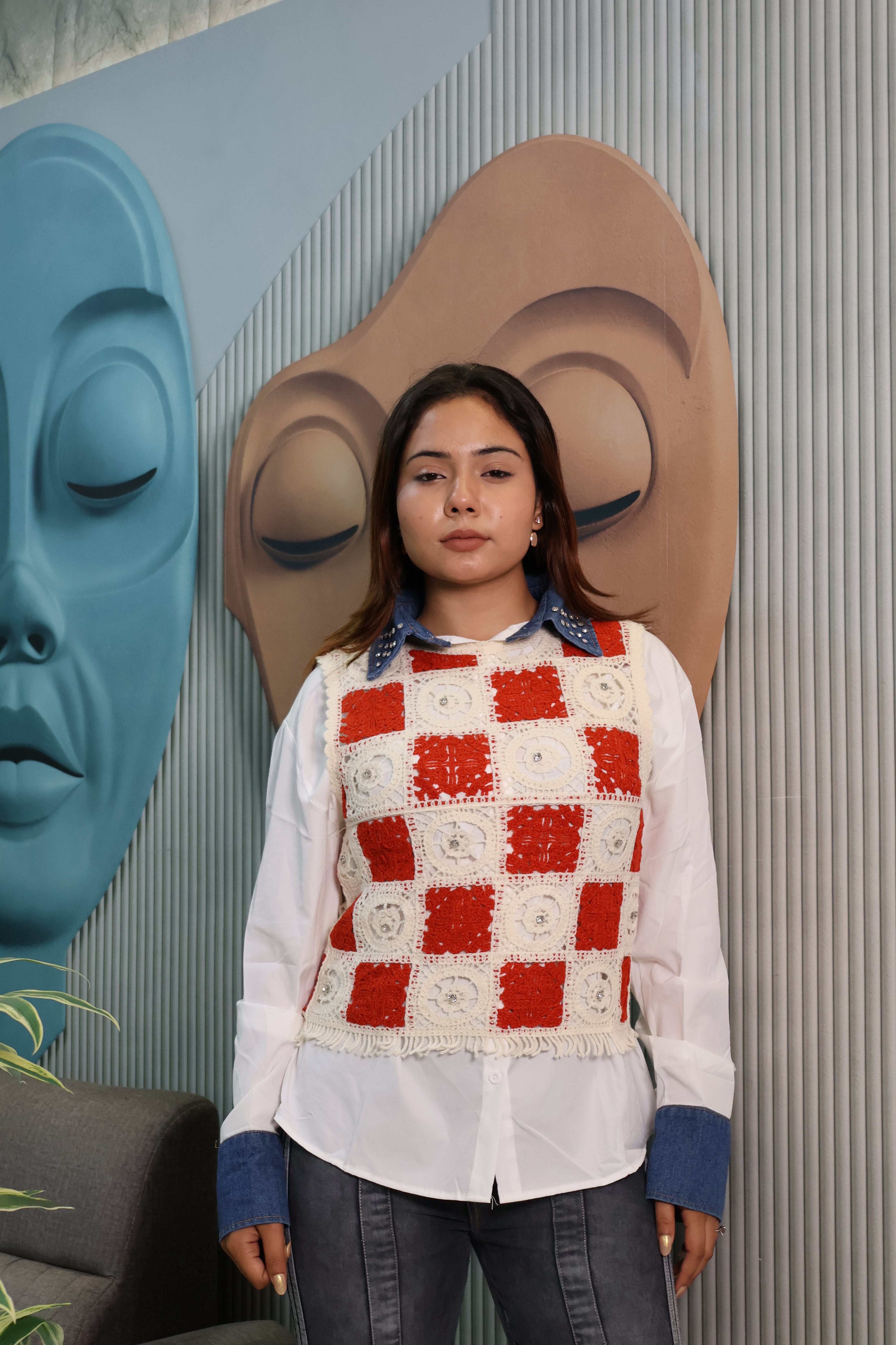 Crochet Patchwork Layered Shirt Top with Denim Collar