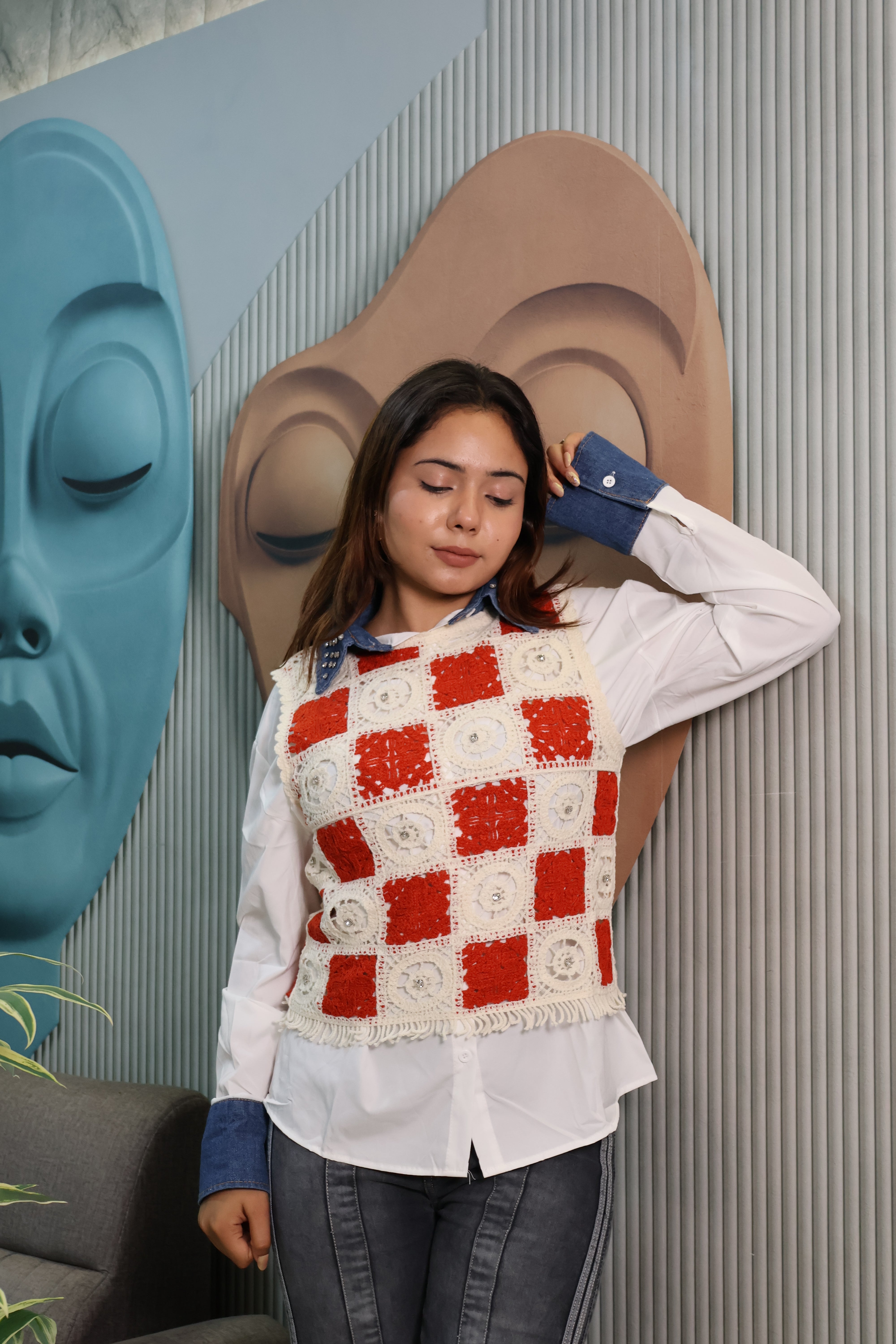 Crochet Patchwork Layered Shirt Top with Denim Collar