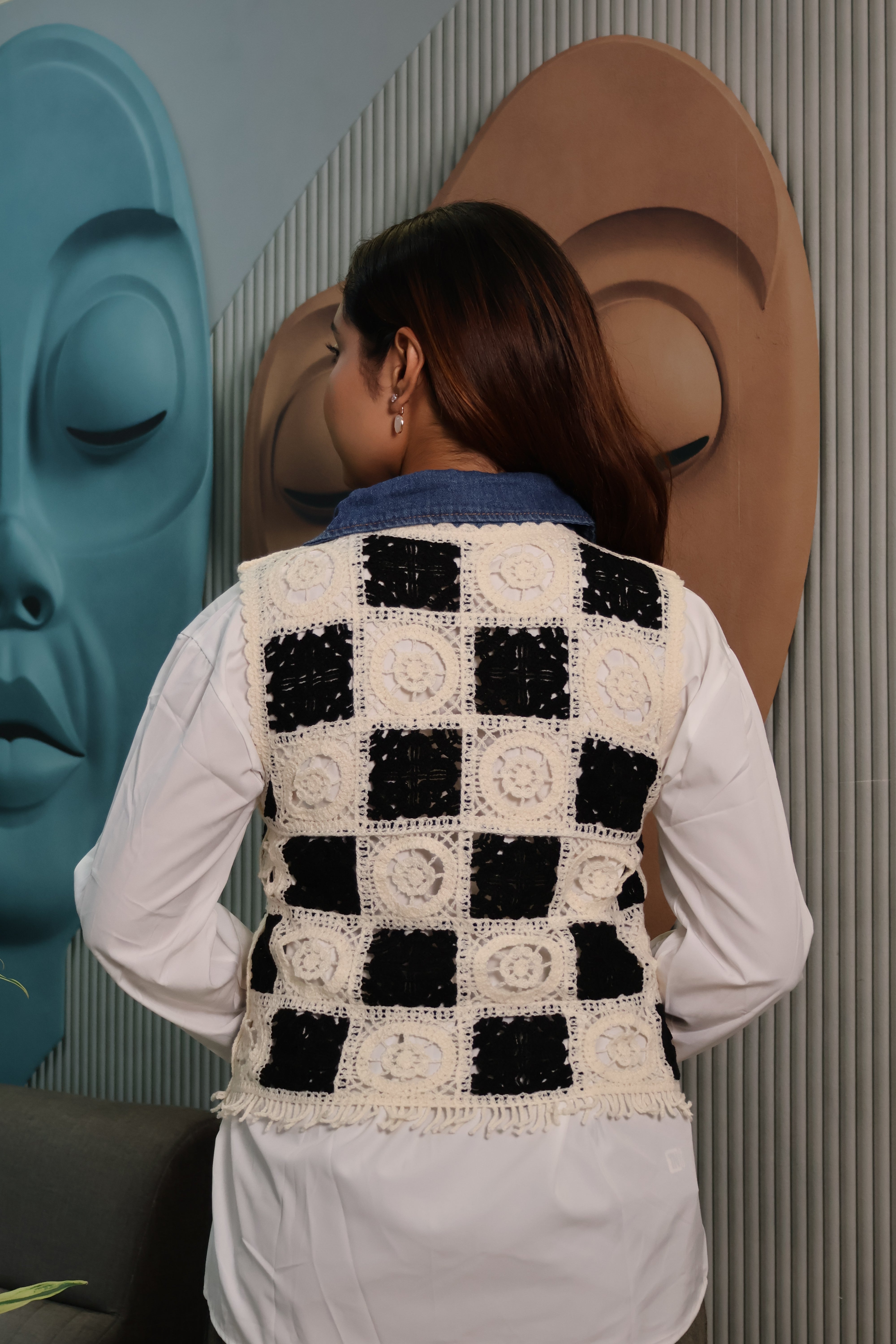 Crochet Patchwork Layered Shirt Top with Denim Collar