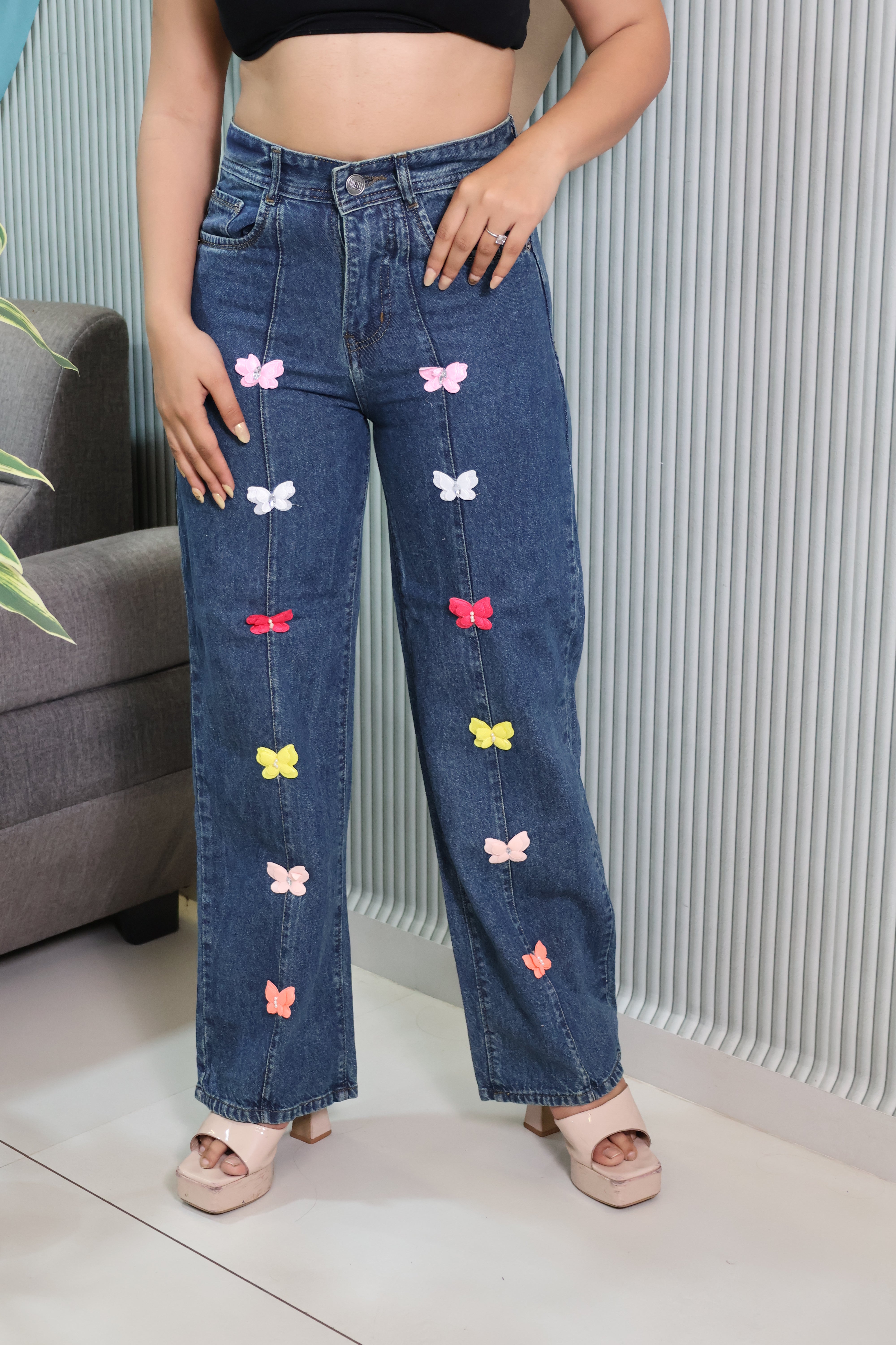 Butterfly Embellished High-Waist Non-Stretch Denim Jeans for Women