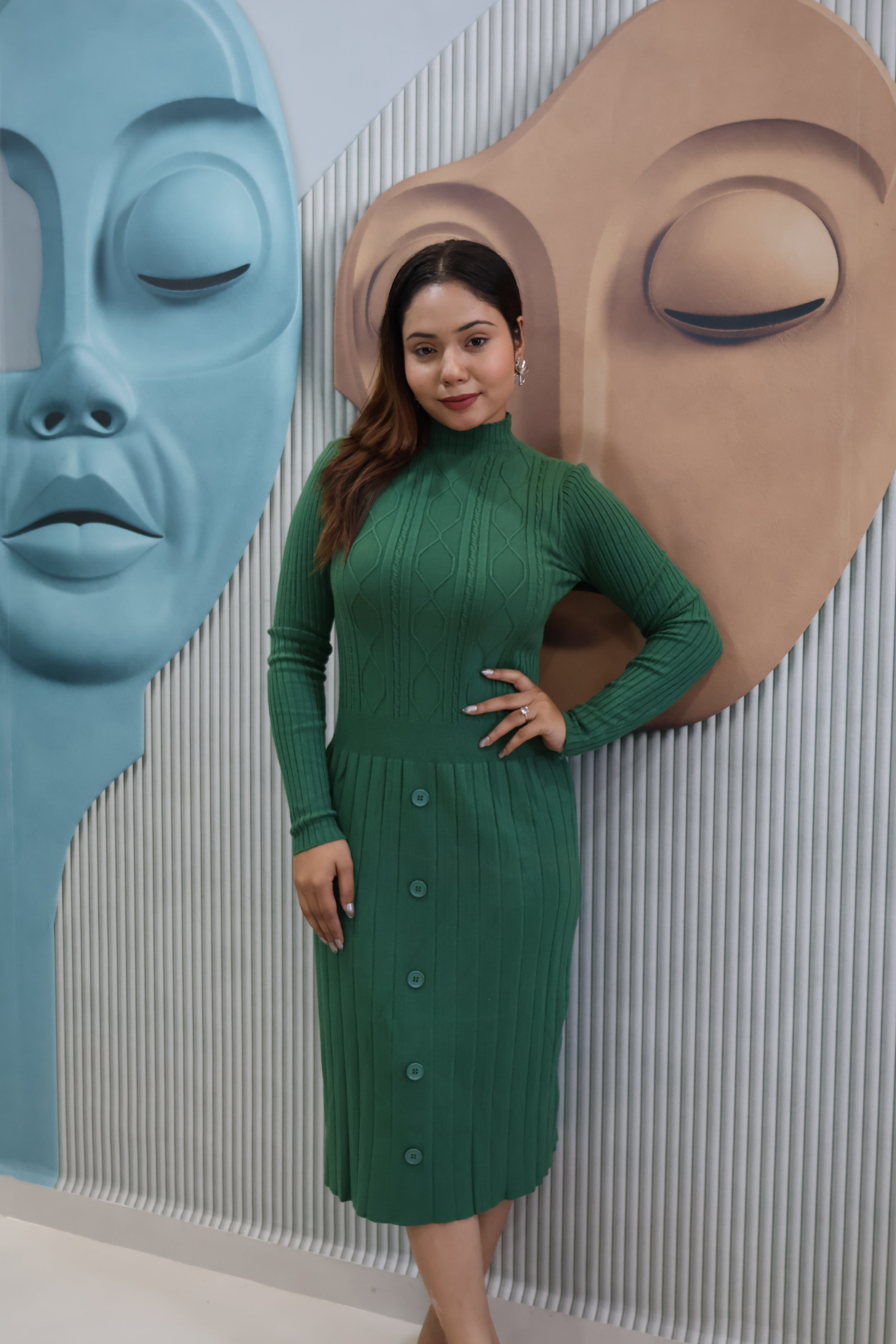 Green Ribbed Knit Midi Dress with Button Detail