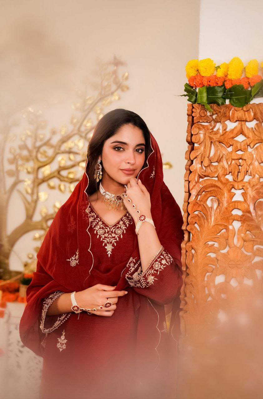 Crimson Red Noor Handwork Chanderi Silk Festive Suit