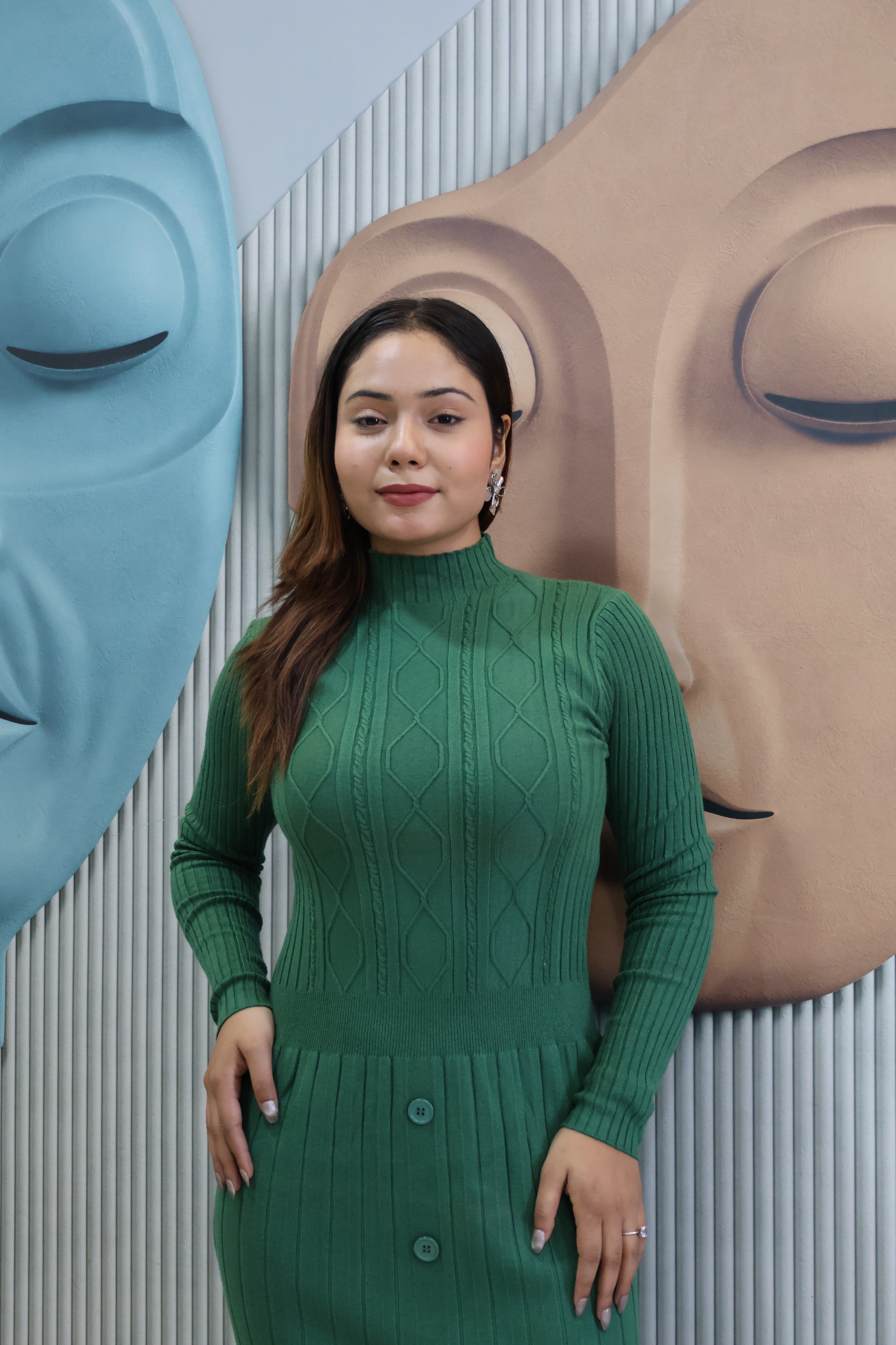 Green Ribbed Knit Midi Dress with Button Detail