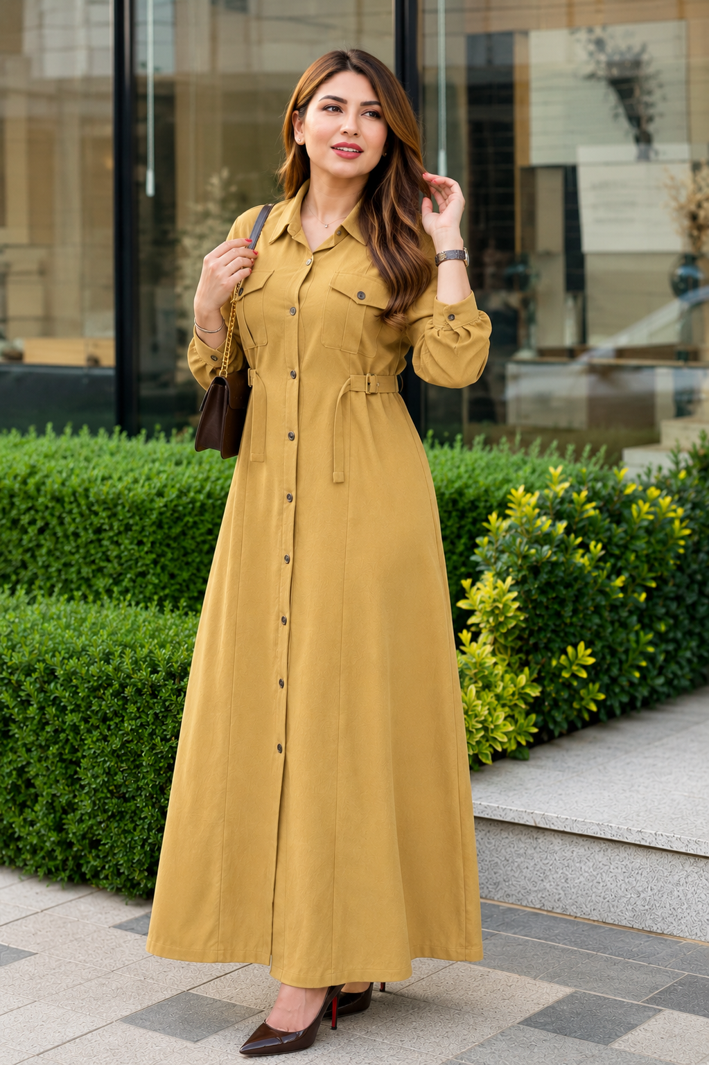 Elegant Western Maxi Dress for Women | Premium Button-Down Long Shirt Dress with Fabric Belt