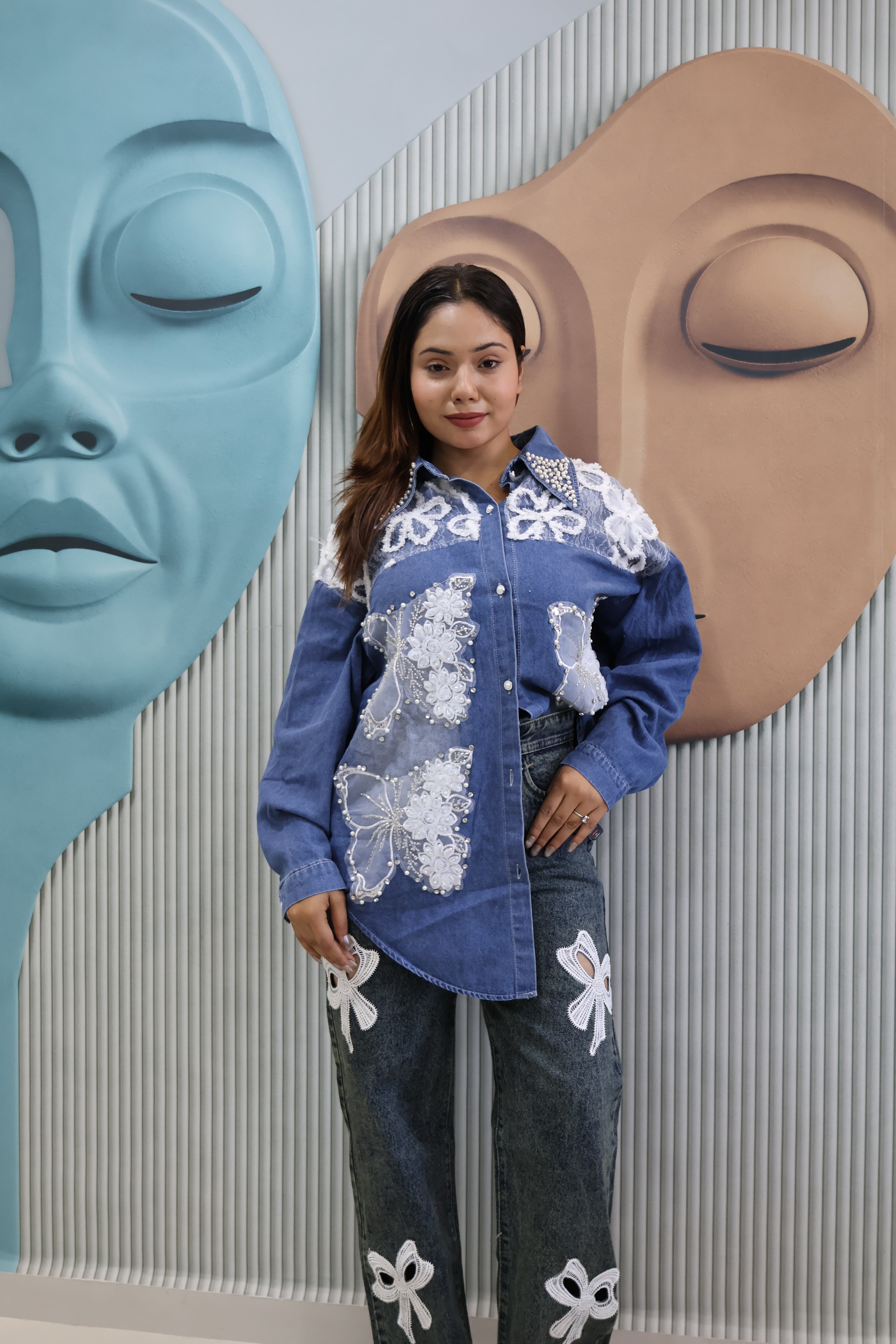 Denim Shacket with Butterfly Applique & Pearl Detailing | Designer Jacket-Style Shirt