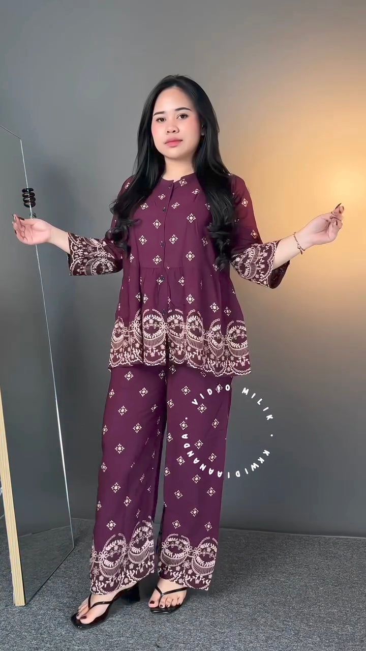 Women's Maroon Ethnic Printed Co-Ord Set | Peplum Tunic with Wide-Leg Pants