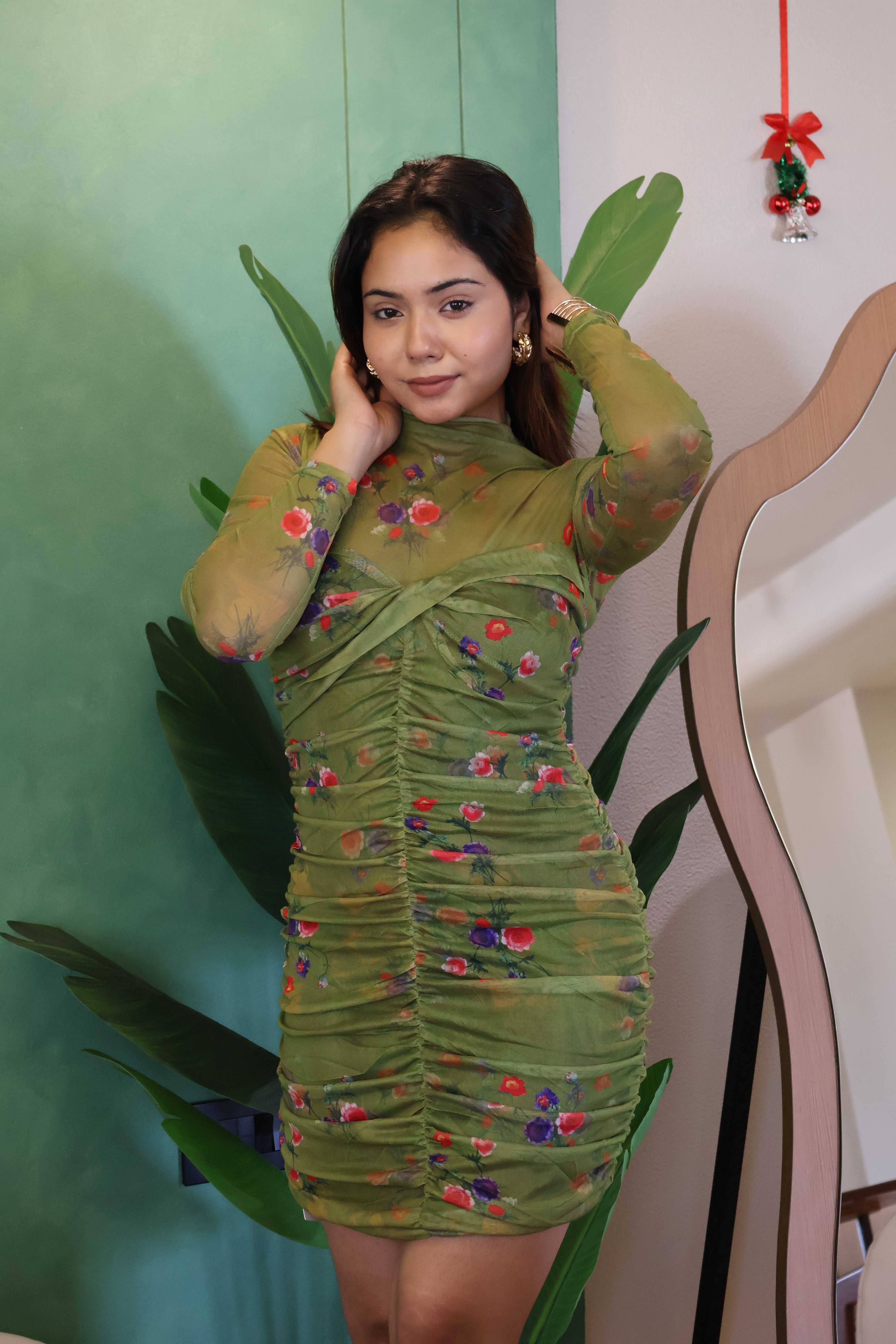 Green Floral Ruched Mesh Bodycon Dress