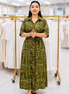 Women Printed Button-Front Maxi Dress with Matching Belt