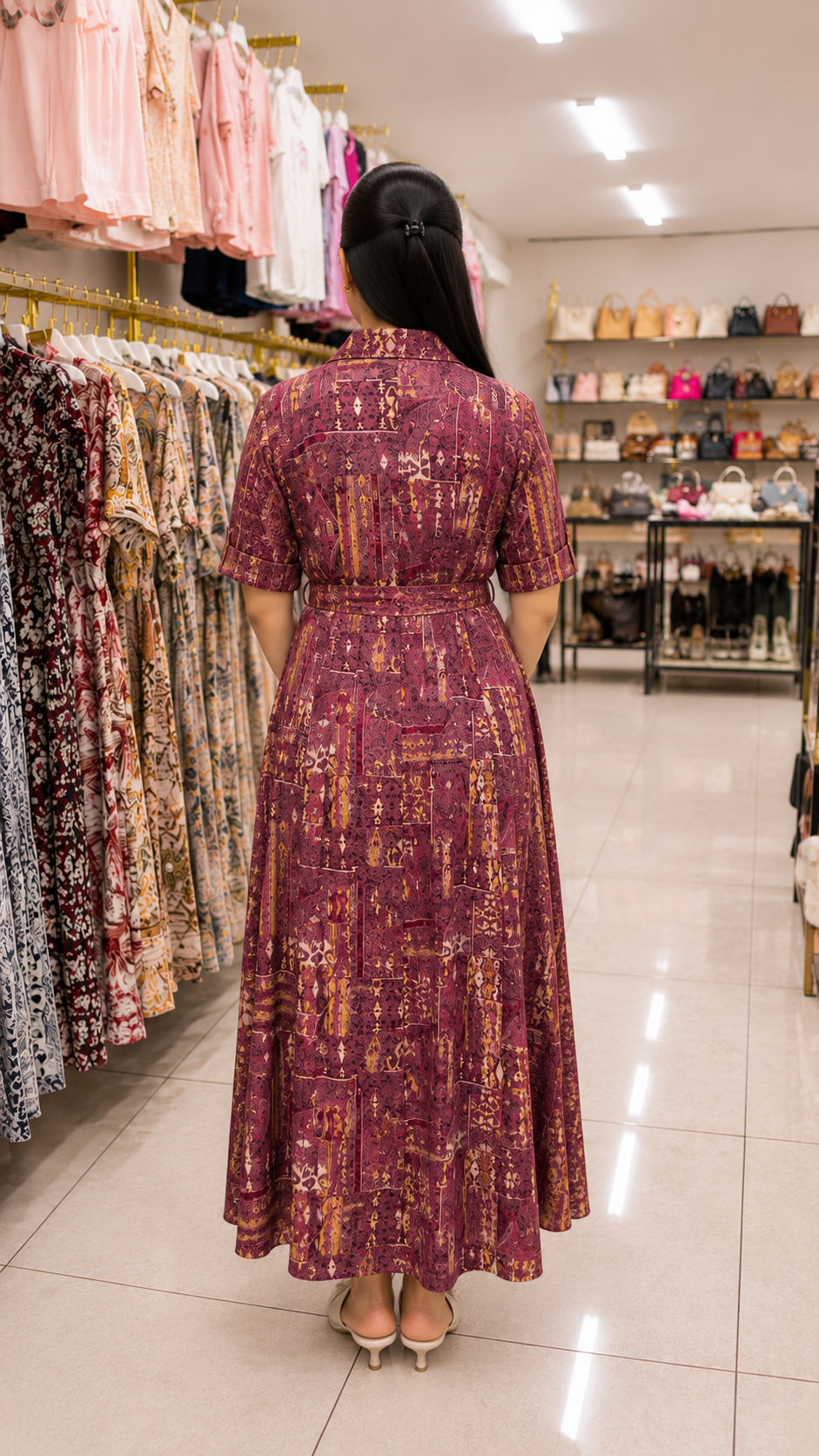 Women Printed Button-Front Maxi Dress with Matching Belt
