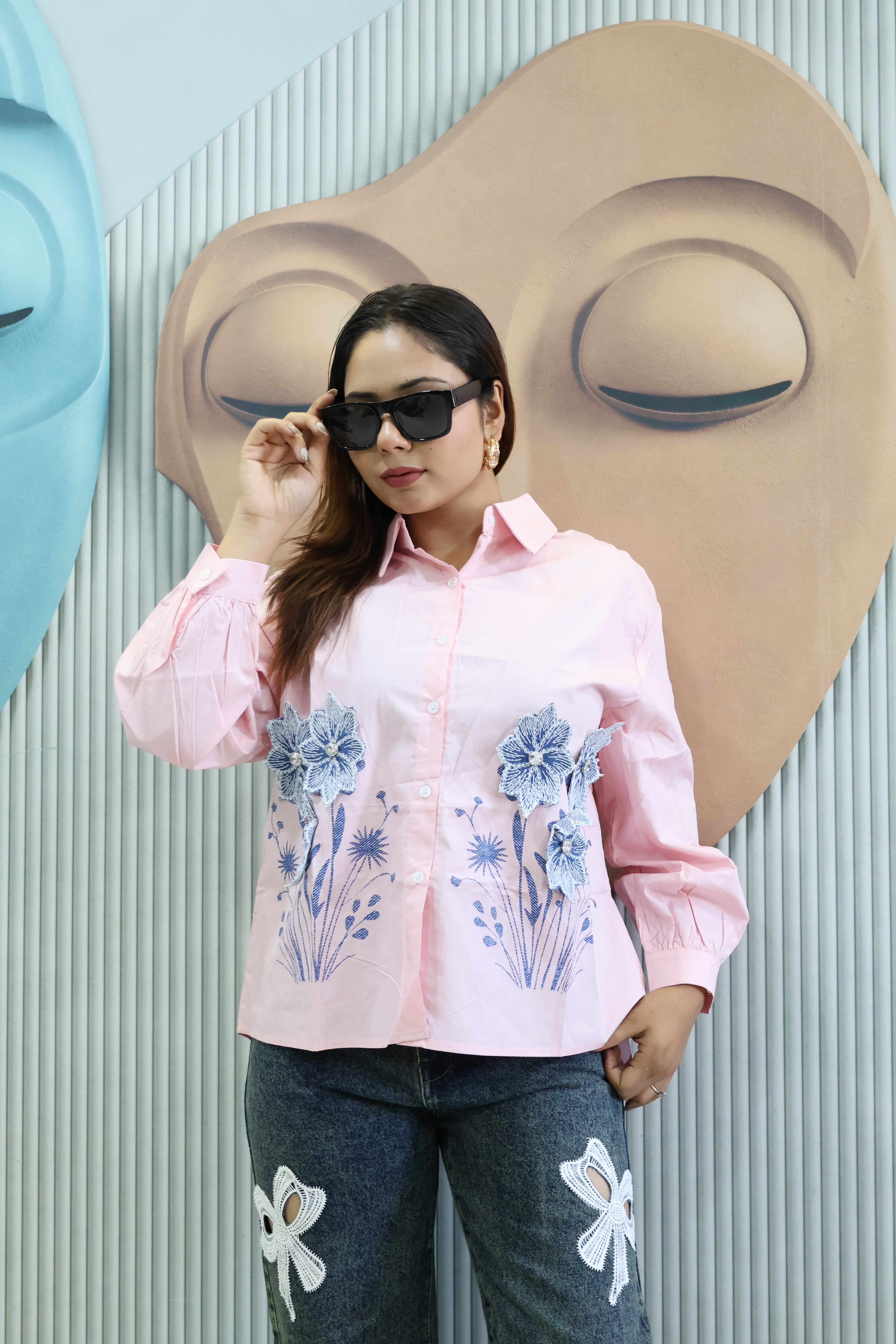 Patch Work Designer Shirt with Stone Detailing